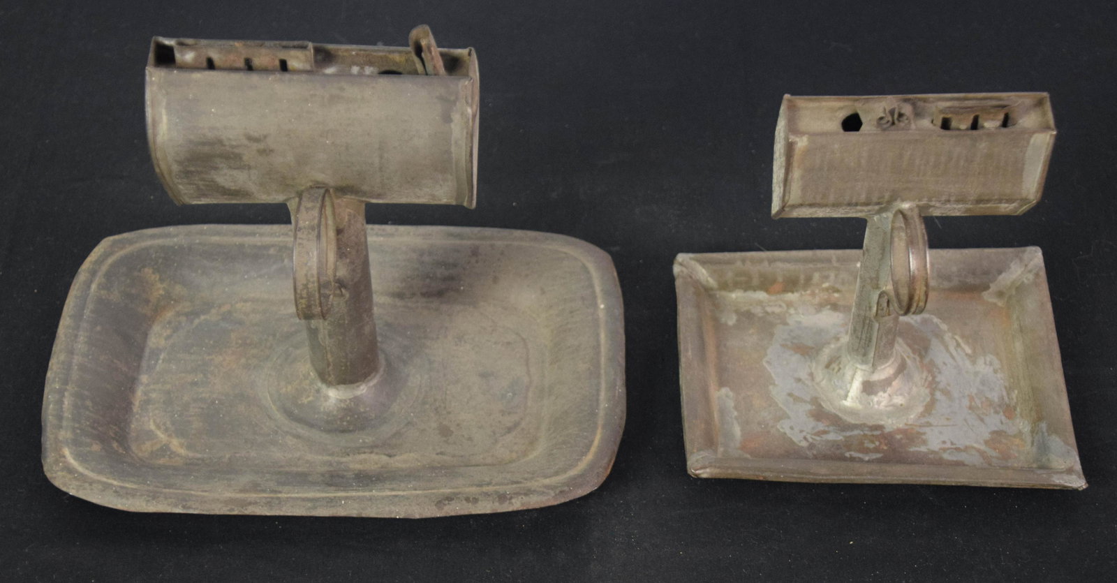 Pair of Lard Lamps: Pair of lard lamps-one with large tray base and the other with an unusual lozenge font.