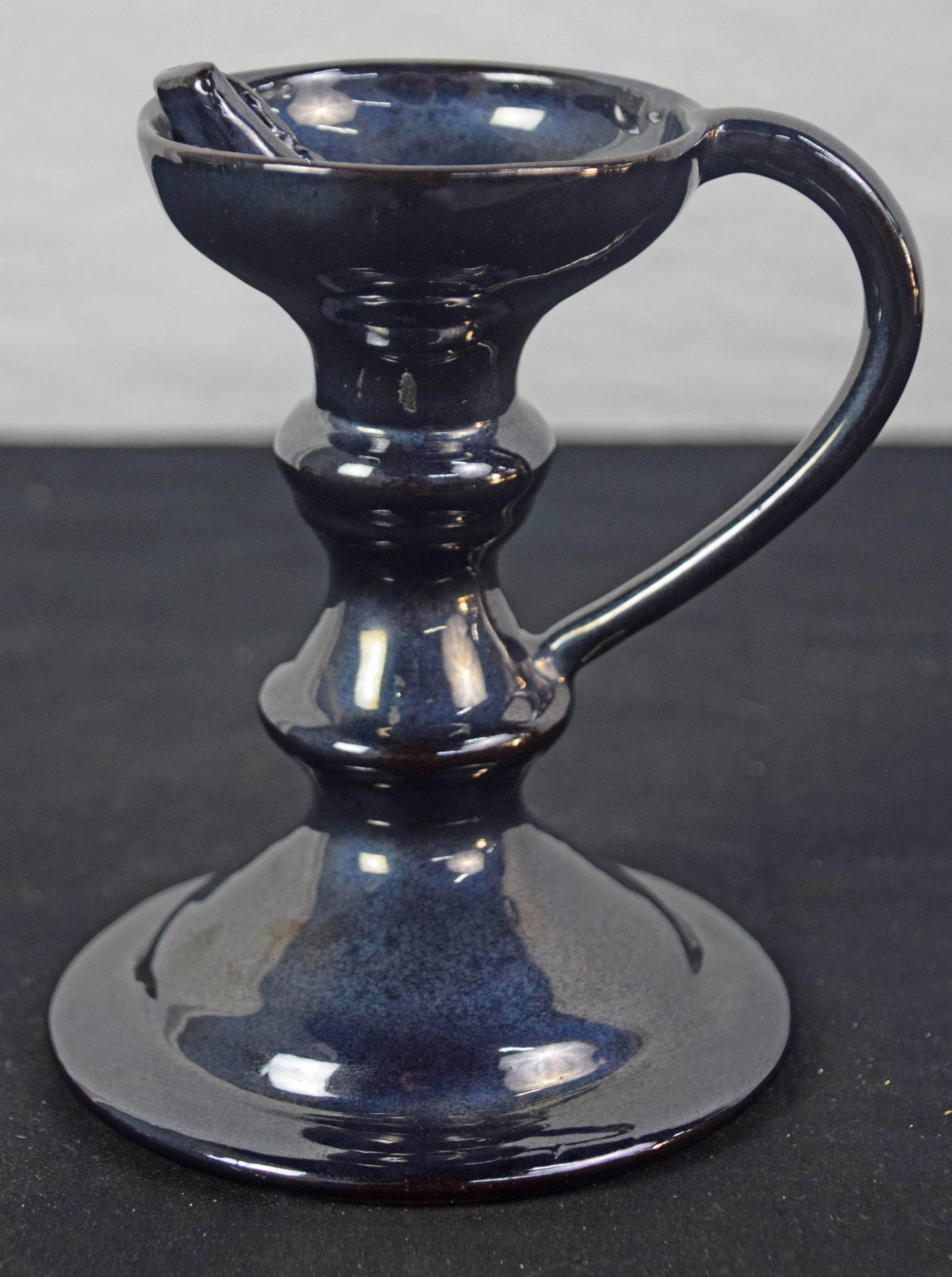 Breininger Pottery Lamp: Redware footed lard lamp - Breininger pottery. (20th century Pennsylvania)