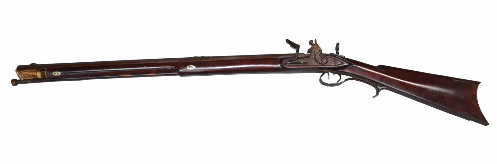 Flint Lock Rifle: Reproduction Flint Lock rifle, large bore, with double set trigger and peep sight. Circa 1960. 28" barrel