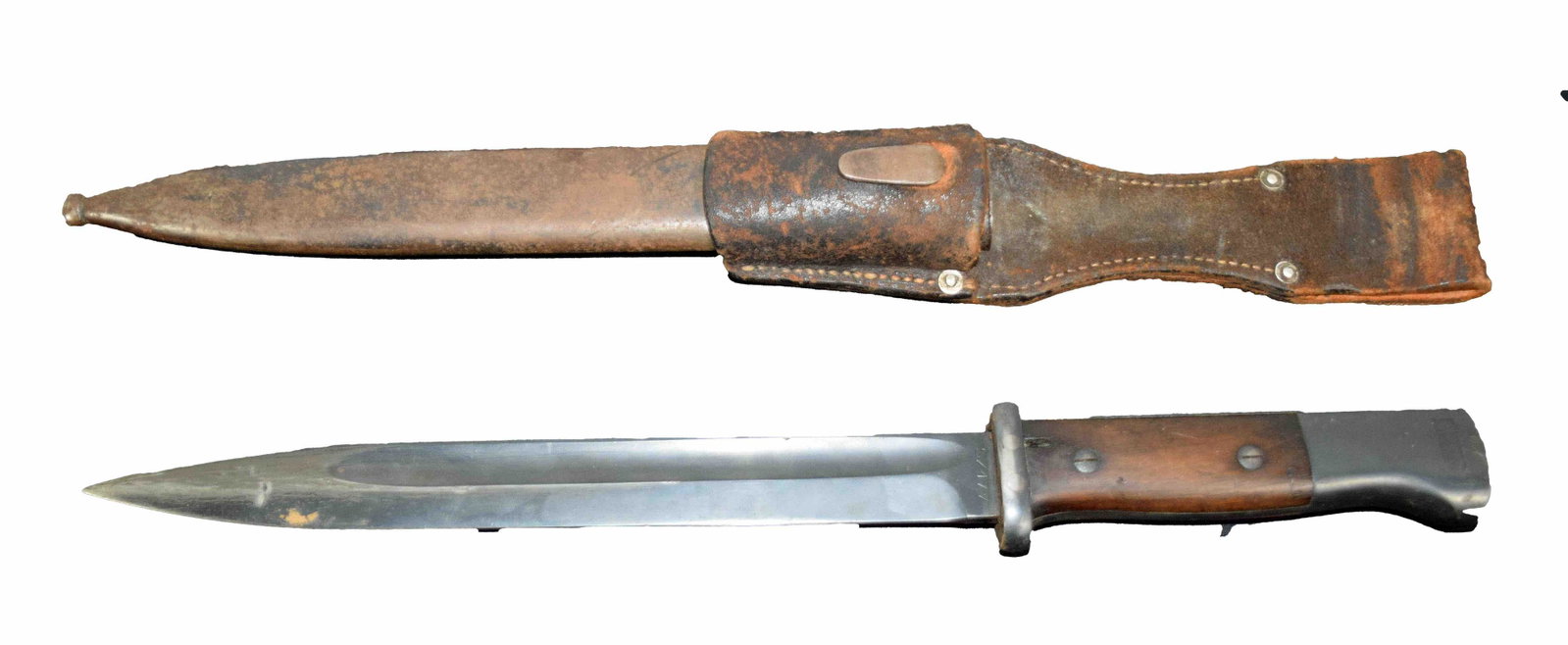 Bayonet and scabbard: German K98m Bayonet with 10" blade and original scabbard and frog. Serial # 5442 and markings of S/477.