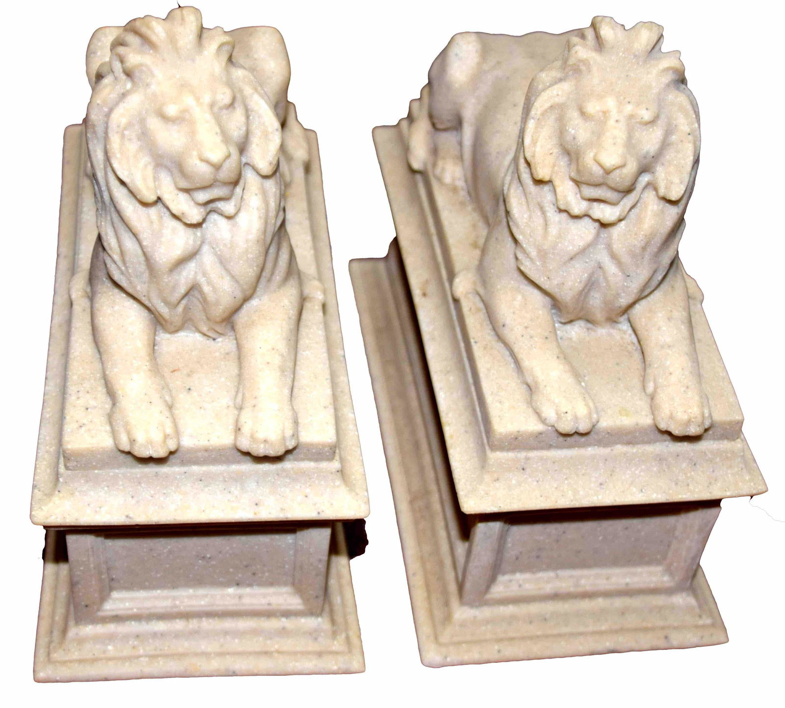 Pair of Lion Bookends: Pair of pink marble bookends of reclining lions with label "Edward Clark Potter" Dimensions: 7.5" Height x 7.5" Length