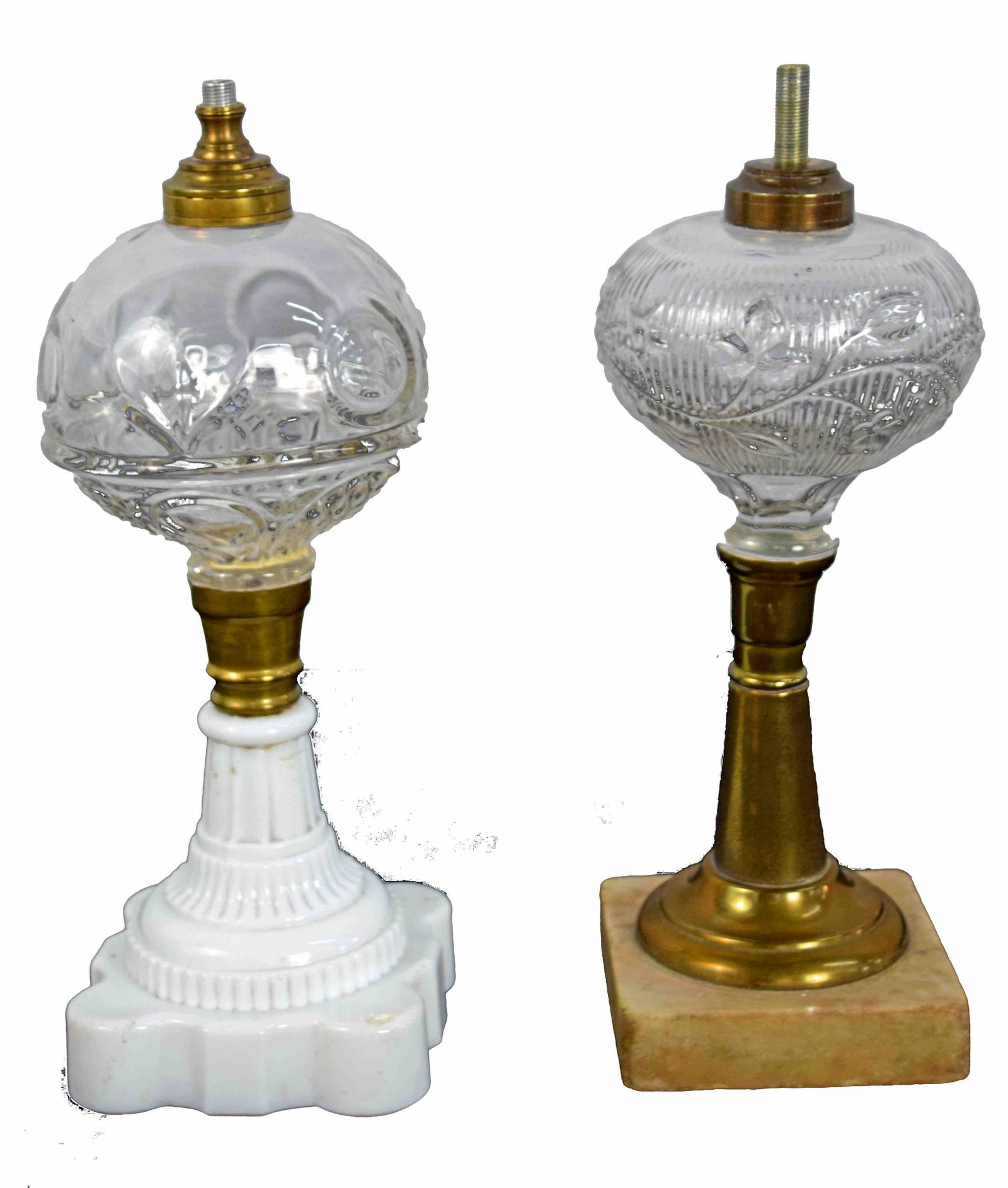 2 Oil Lamps: 2 pattern glass oil lamps on milk glass and marble bases. 12" Height.