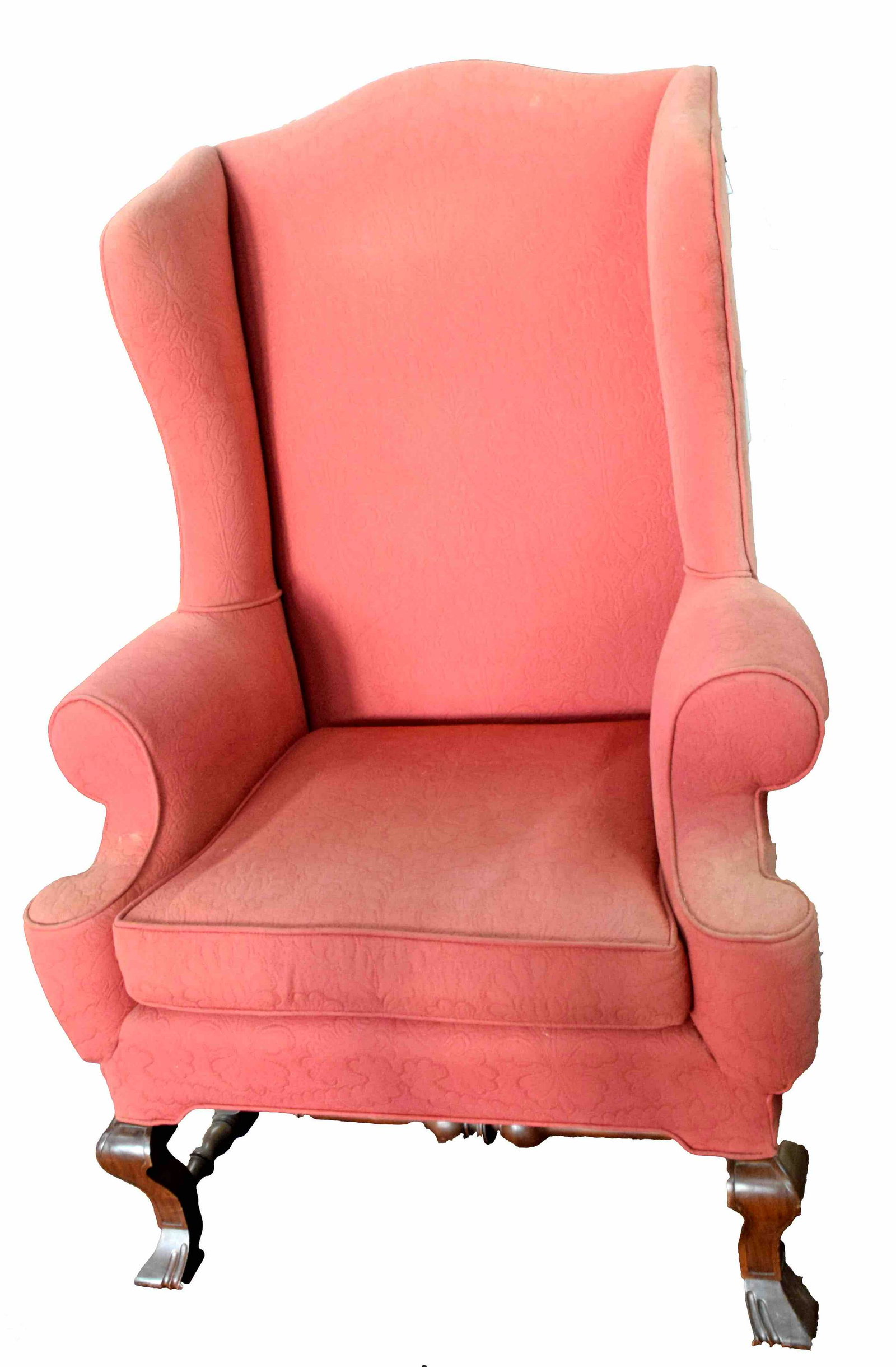 Wingchair: Gaines-style wingchair with salmon tone upholstery made by Douglas E Campbell, late Maine cabinetmaker. Dimensions: 21" Seat Height, 48" Overall height