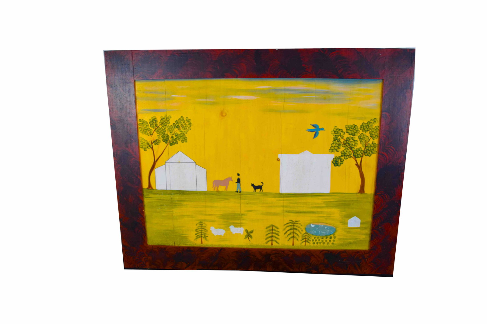 Fireboard: 20th century folk art fireboard with a farm scene with buildings, gentleman, horse and cat in a red and black grain painted frame. Dimensions: 29" x36.5"