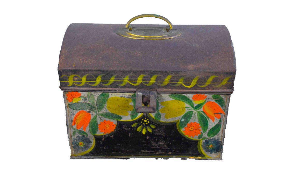 Tinbox: Early decorated dome deed box with bail top handle. Stephen Douglas provenance, 1987. Dimensions: 7.5" Height x 10" Width x 6" Depth