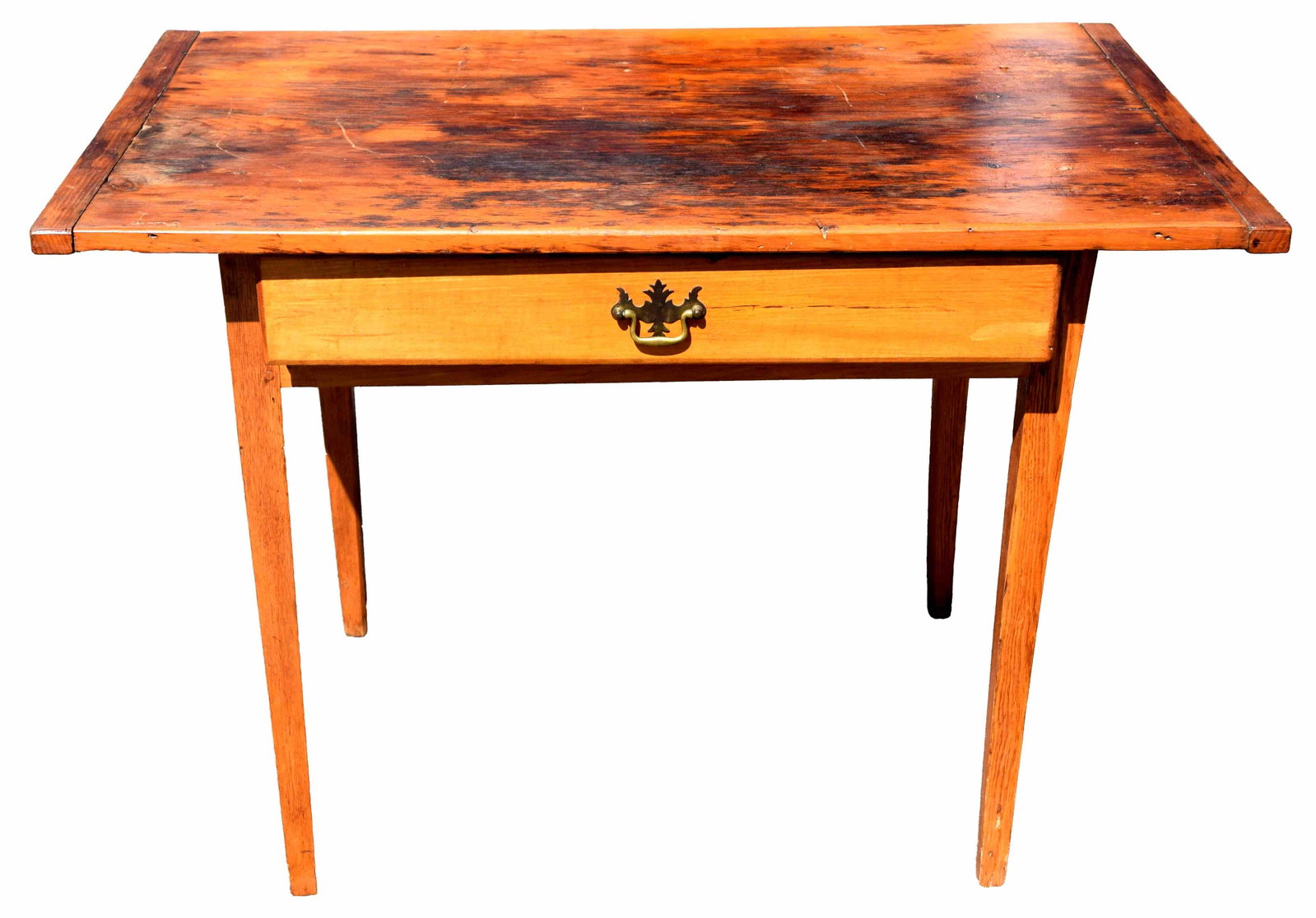 19th Century Tavern Table: 19th Century country tavern table with bread board end top in maple and pine with full length top on tapered legs. Dimensions: 28" Height x 34" Length x 23" Width