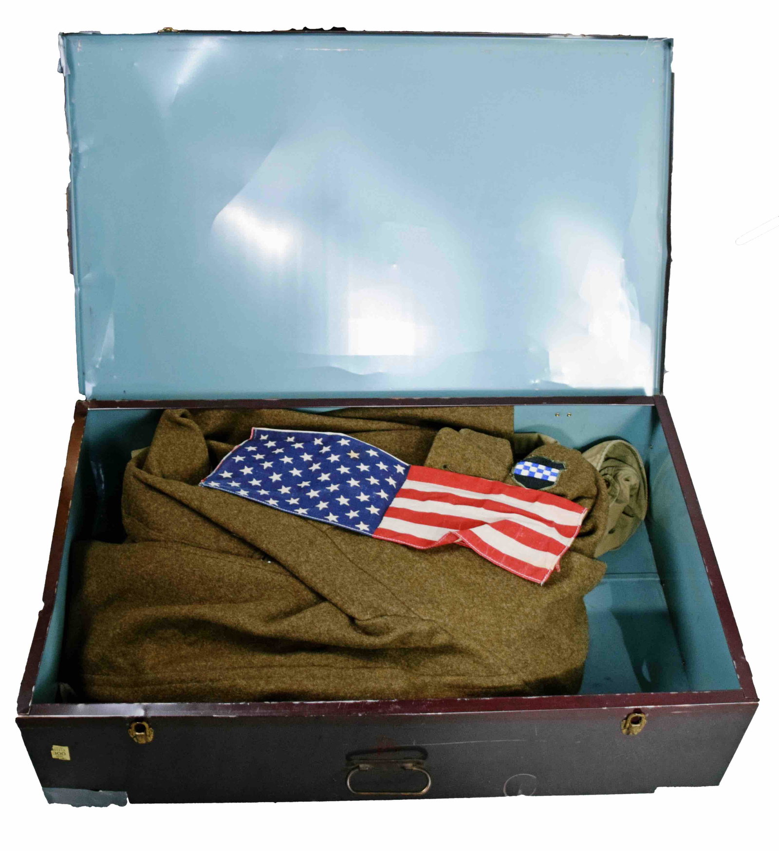 WWII Lot: Woolen dress overcoat, field jacket and Garrison cap with a Sterling American flag with paperwork showing ownership -Ebenezer Whiting from Hingham MA who served in the European theater