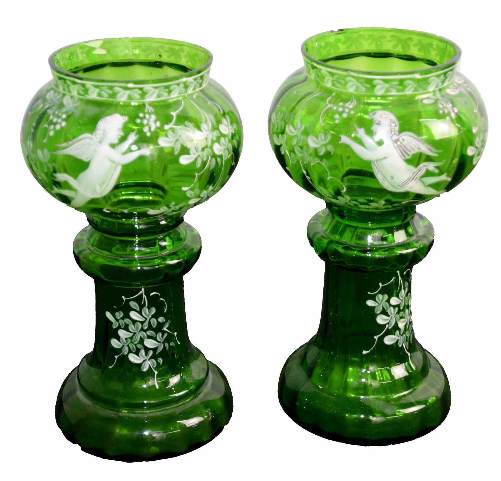 Mary Gregory Lusters: Pair of Mary Gregory green lusters. Dimensions: 9.5" Height