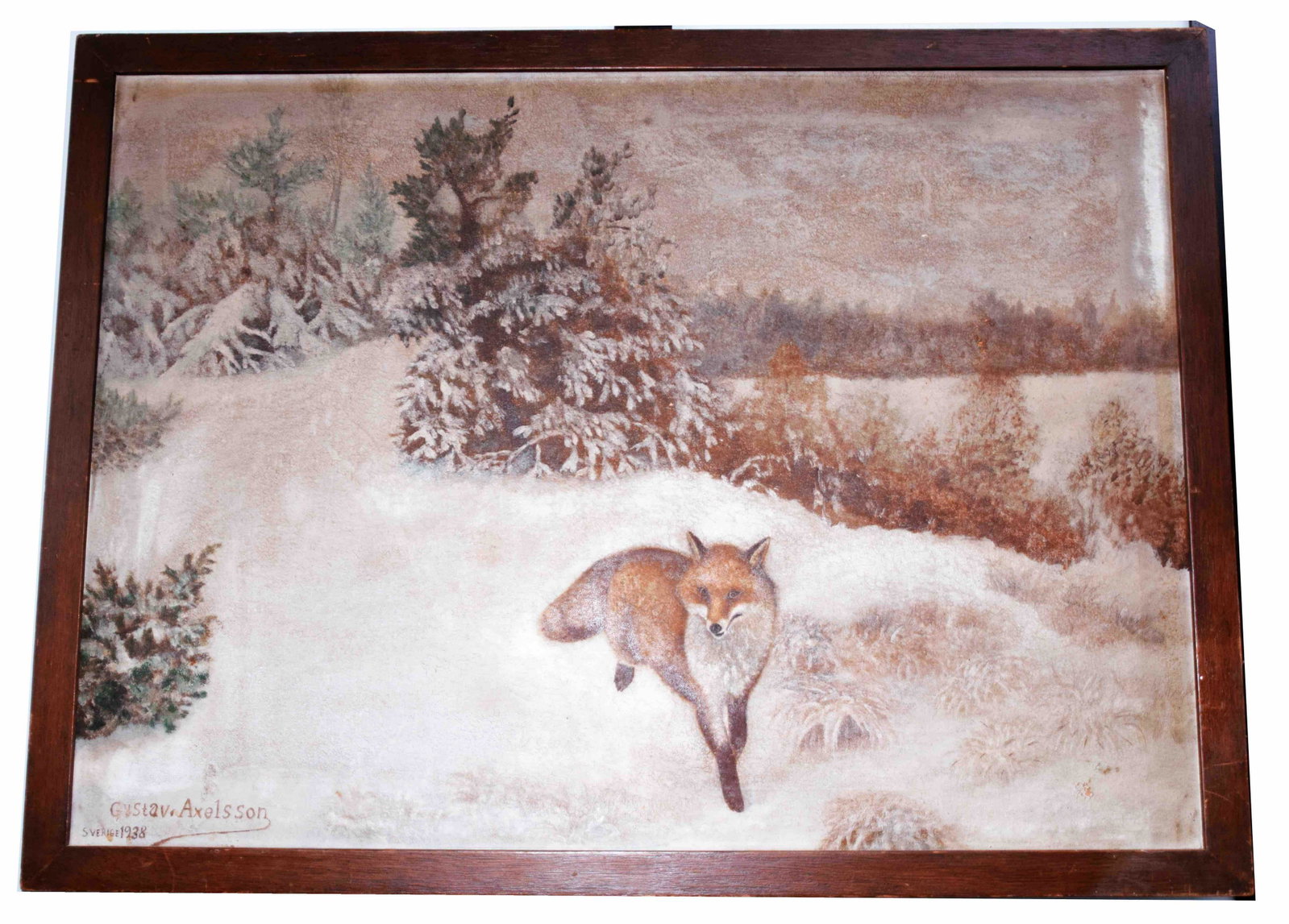 Winter Scene Painting: Winter scene with a red fox, oil on canvass by Gustov Axelsson, 1938. Dimensions: 37" Height x 27" Width