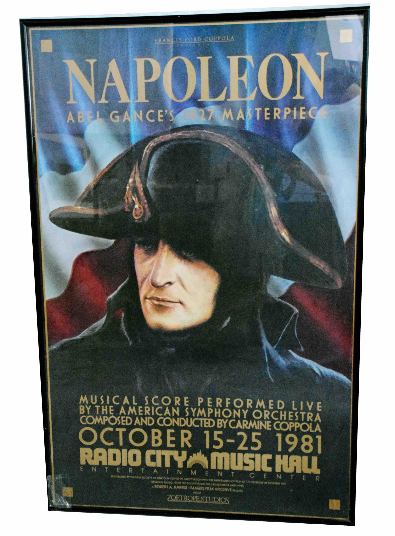 Napoleon Movie Poster: 1981 framed Coppola poster of the Napoleon 1927 masterpiece by Abel Gance. Dimensions 38" Height x 25" Width