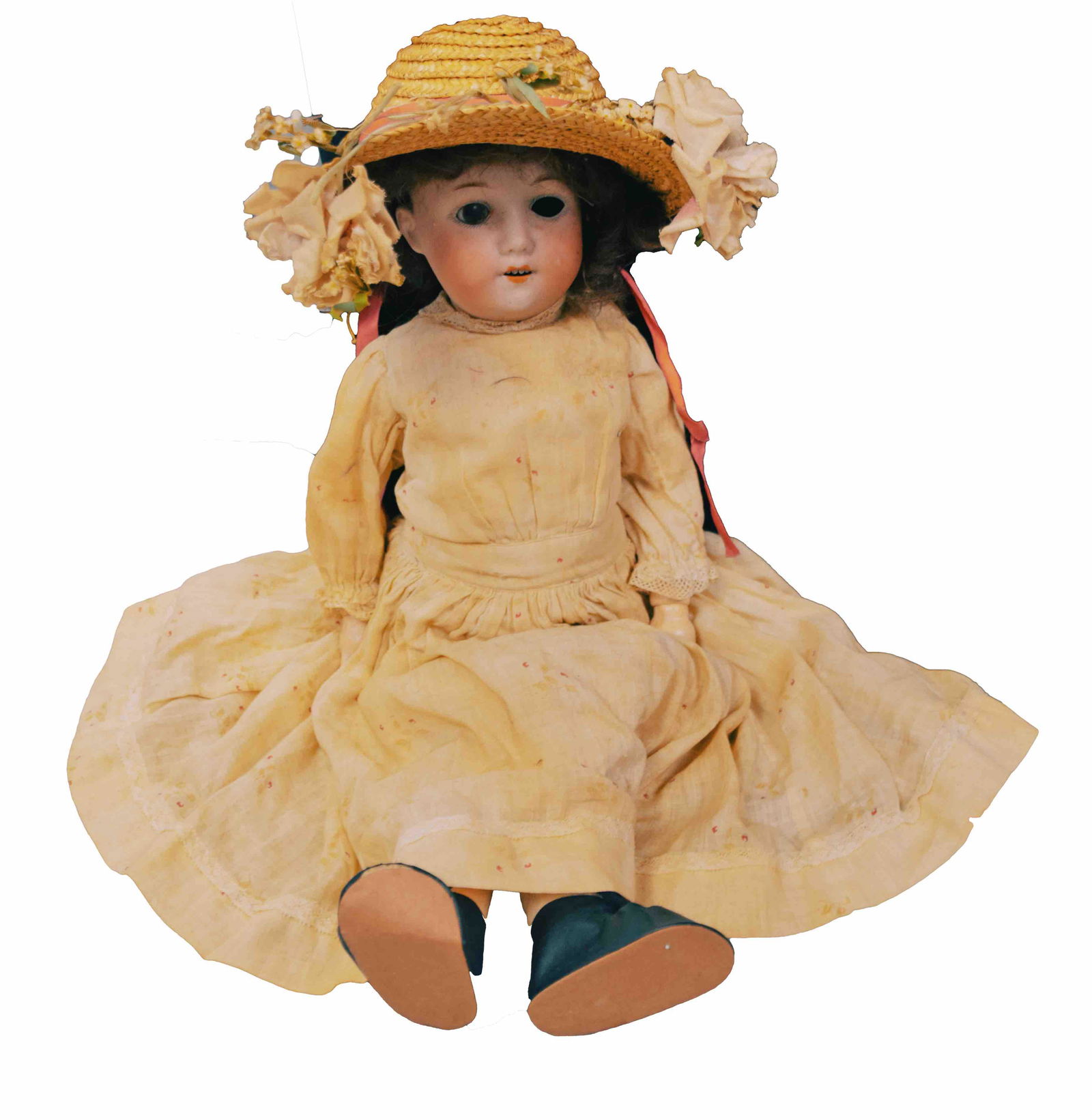 Bisque Doll: Bisque doll from Germany with dress, full hair and hat. Marked MOA, 20D, Welsch. Dimensions: 18" length
