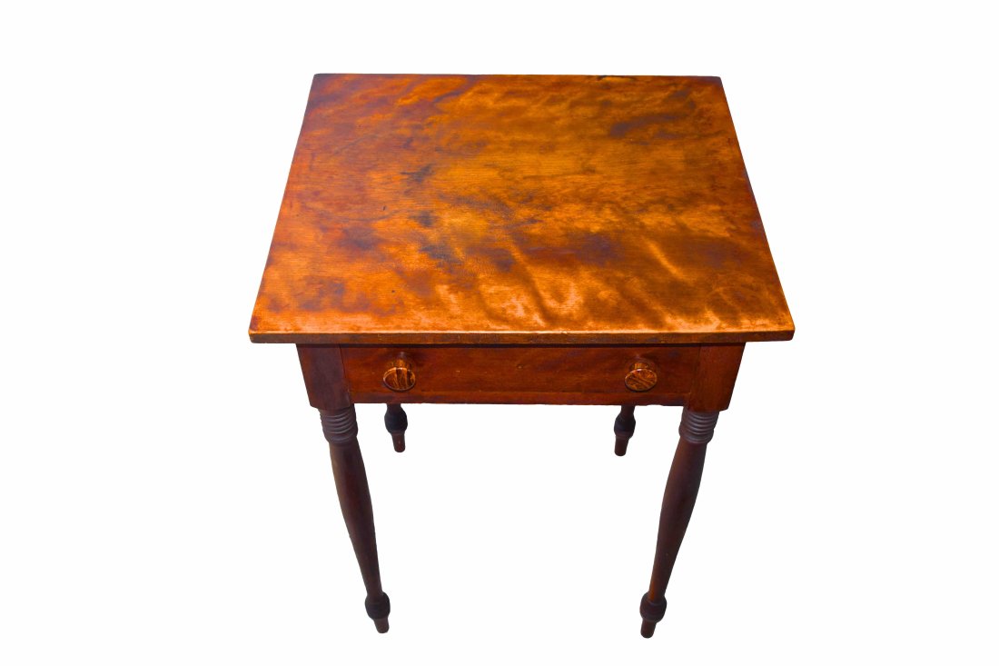 Night Stand: One drawer nightstand with wooden pulls and turned legs. Flame birch top and original finish for the remaining structure. Dimensions: 28.25" Height x 19.75"Width x 17" Depth