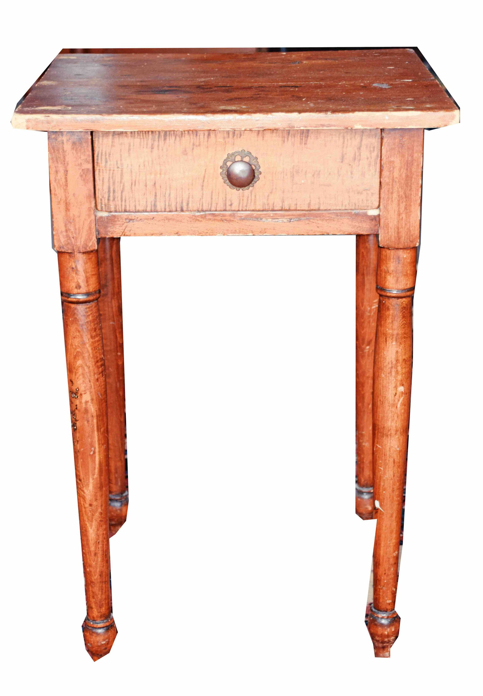 Night Stand: One drawer nightstand with wooden pull and turned legs. Dimensions: 26" Height x 18" square top