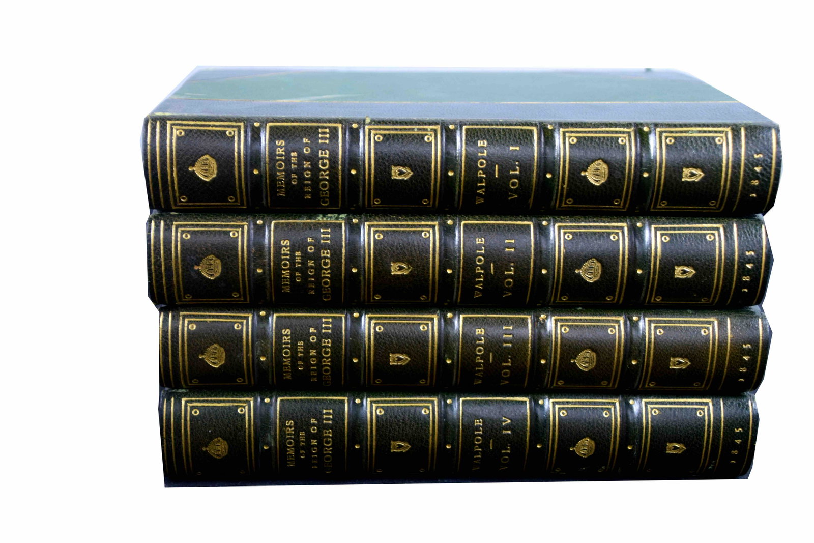 Memoires of the Reign of George III: Memoires of the Reign of George III by Horace Walpole with notes by Sir Denis Le Marchant in 4 Volumes in green leather and cloth. Published by Richard Bentley, London 1845
