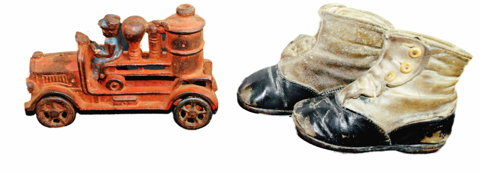 Cast Iron Pumper truck and child's shoes (1 of 4)