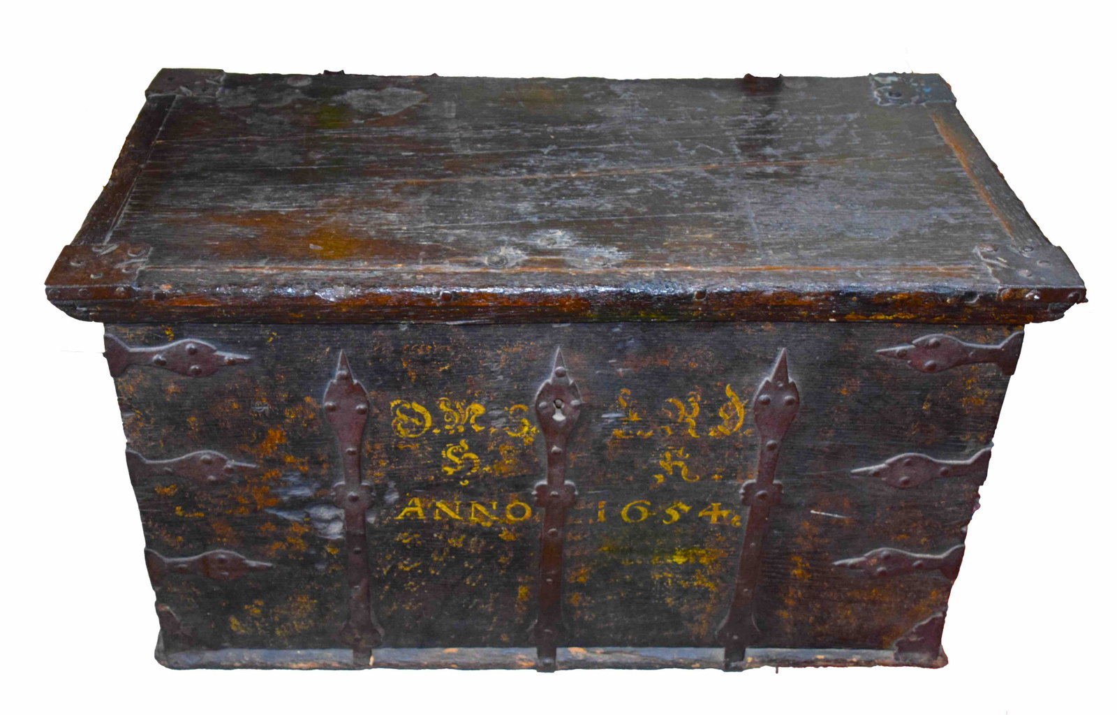 17th Century Marriage Chest: 17th Century Marriage Chest, "anno 1654", with hinged lid, early iron handles. Frost estate. Dimensions: 20" Height x 36" Width x 14.5" Depth