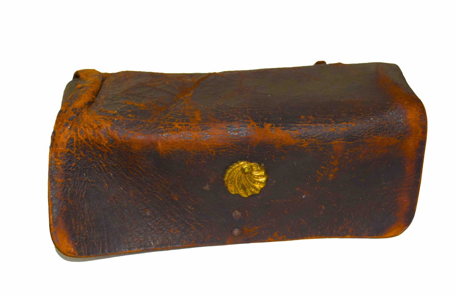 American Militia Waist Cartridge Box: 18th century American militia waist cartridge box with 20 holes and two enlarged storage holes. Revolutionary War period. One brass rosette. Dimensions: 9.5" Length