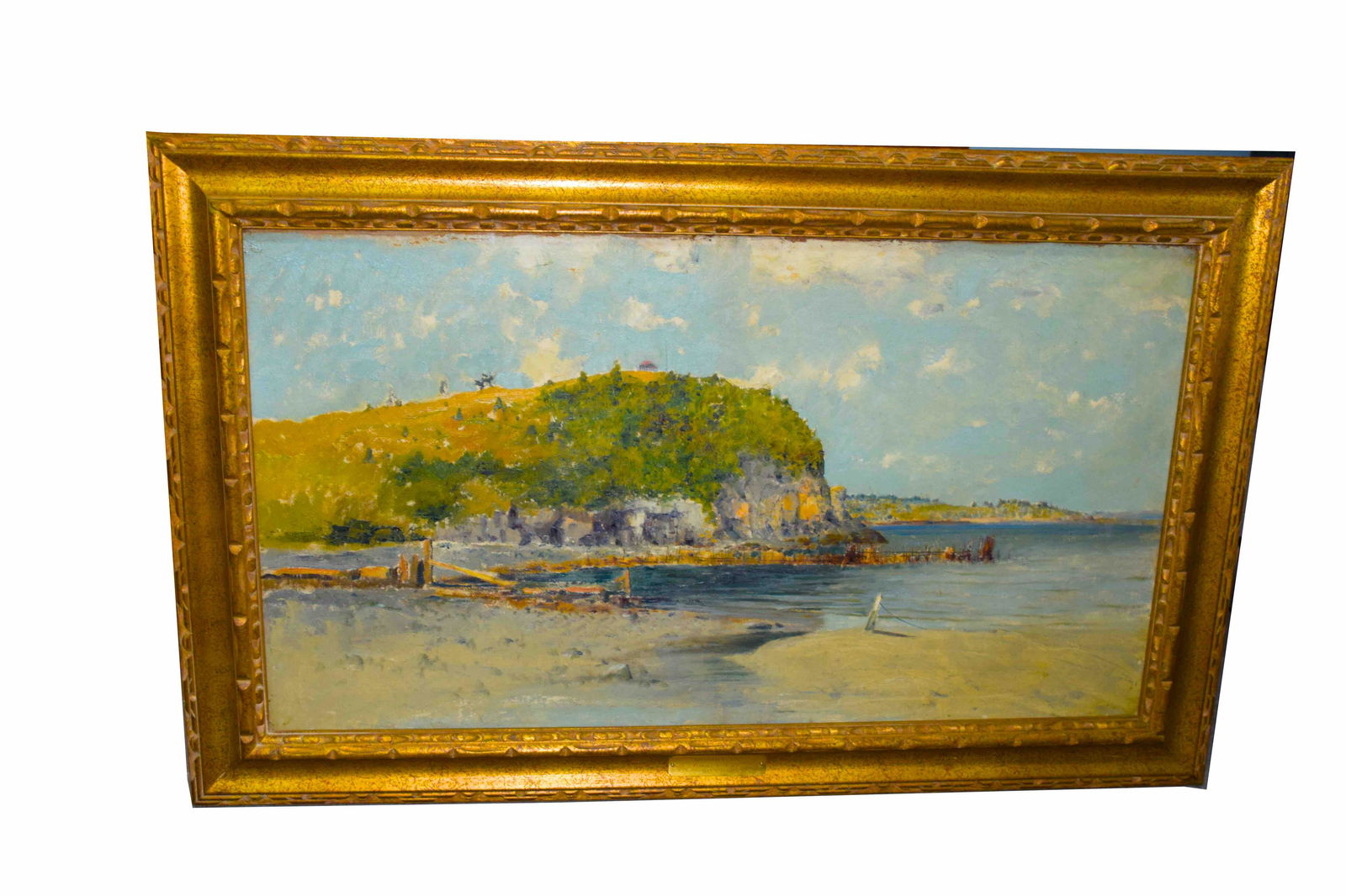 Seascape Painting by Prosper L. Senat: Oil painting labeled "Monhegan "Prosper Louis Senat (1852 - 1925) was active/lived in Pennsylvania, California, Maine. Prosper Senat is known for marine and landscape paintings. Unfortunately, it is a