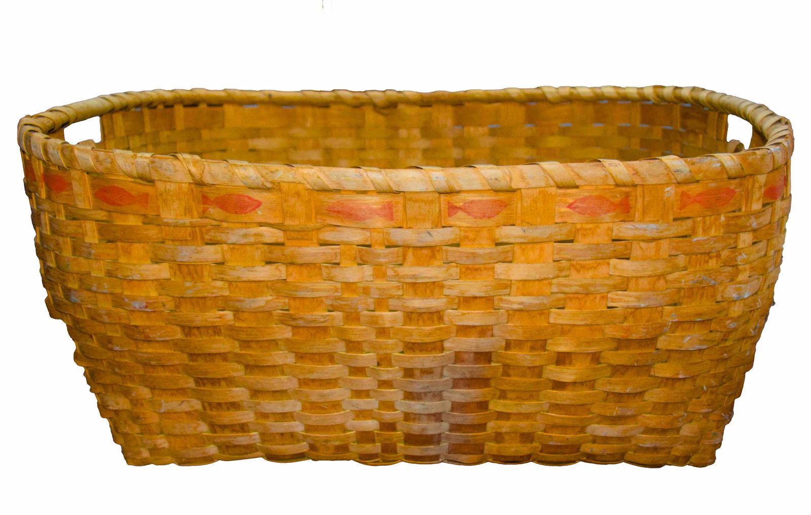 Early Basket: Early splint basket, with potato stamp of fish design. 2 cutout handles. 26.5" Length x 24" Width