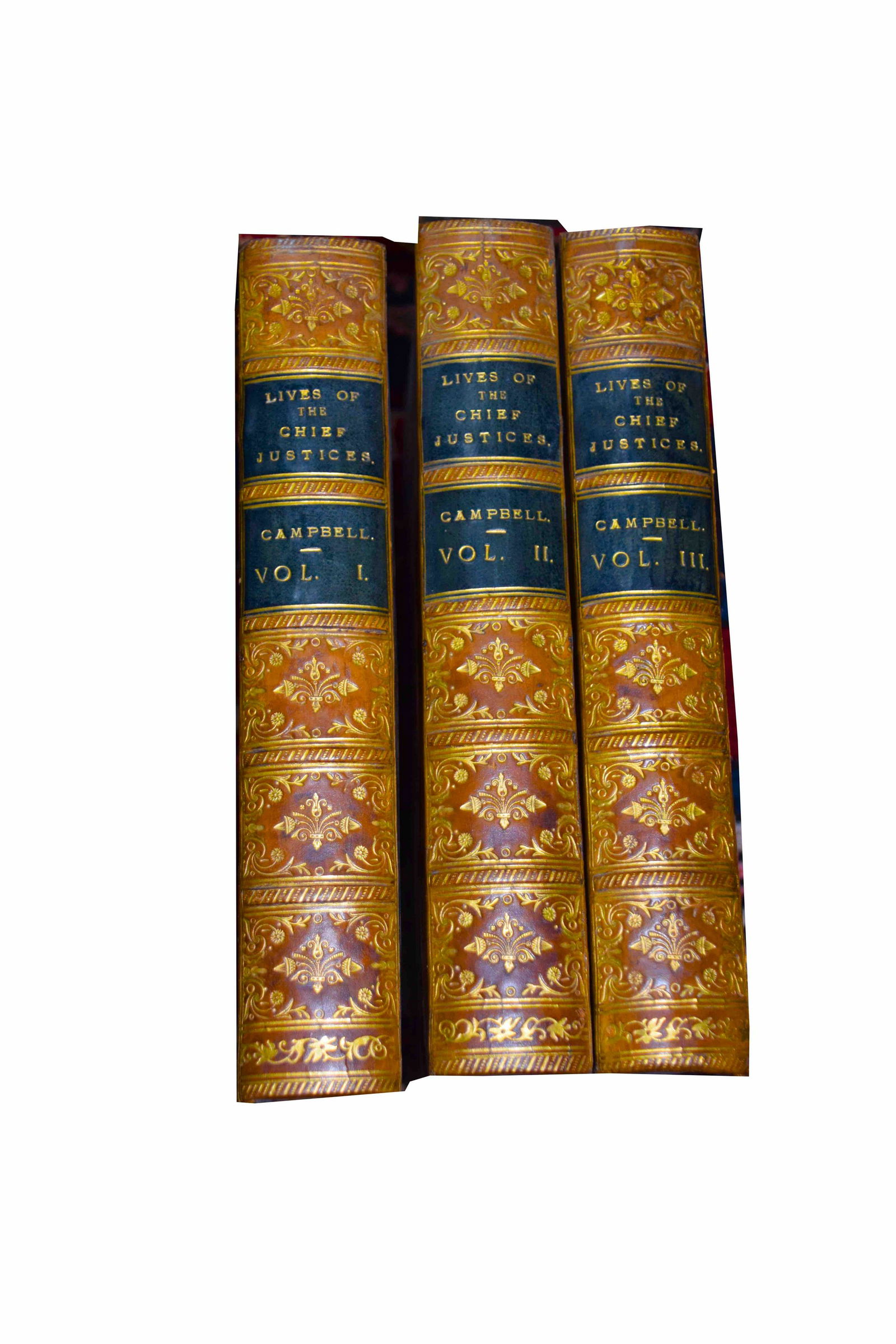 Lives of the Chief Justices of England: CAMPBELL, JOHN LORD. The Lives of the Lord Chancellors... Chief Justices ... London: John Murray, 1845-69. 3 volumes. Three-quarters brown Morocco over marbled boards, the spines tooled and lettered i