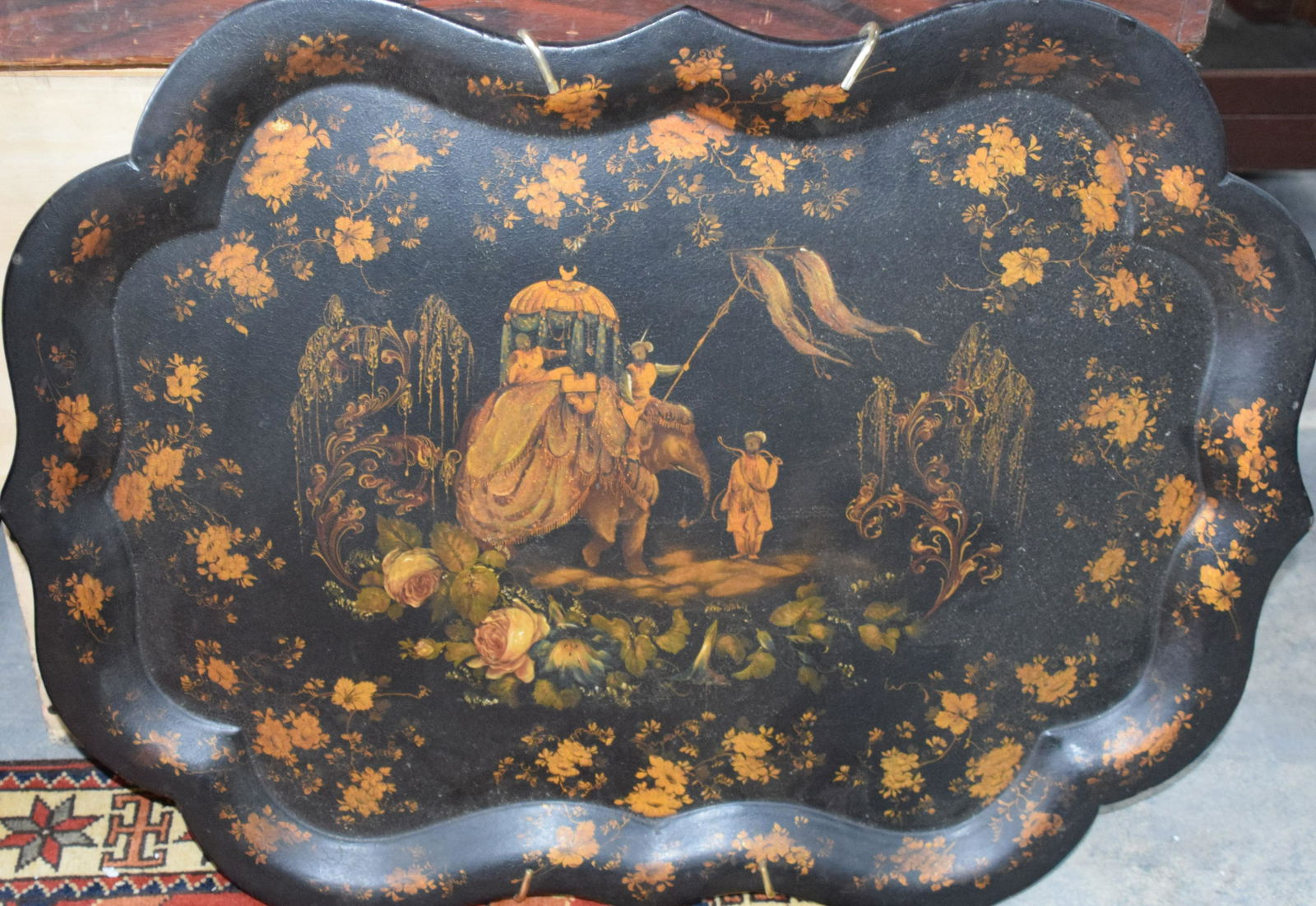 Papier Mache Tray: Chippendale Papier Mache Tray, King Gothic, Freehand bronze and goldleaf painting - Excellent Arabesque. New London, NH Estate. 23" x 30.5".