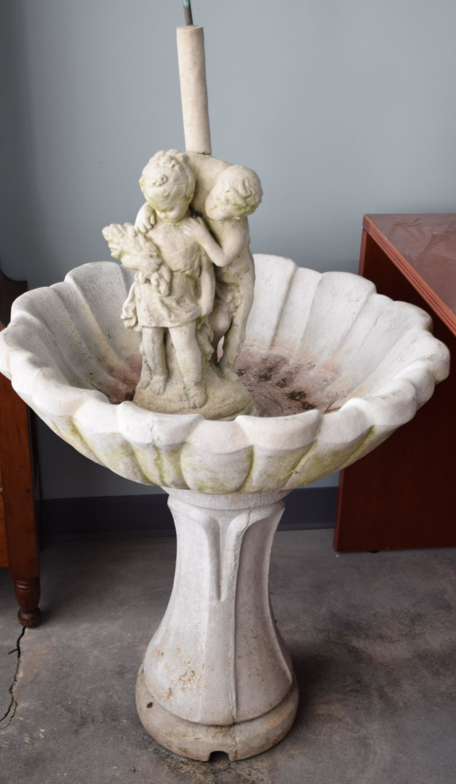 Garden Fountain: White cement garden fountain with 2 children in three parts, overall 45" Height. Hanover, NH Collection.
