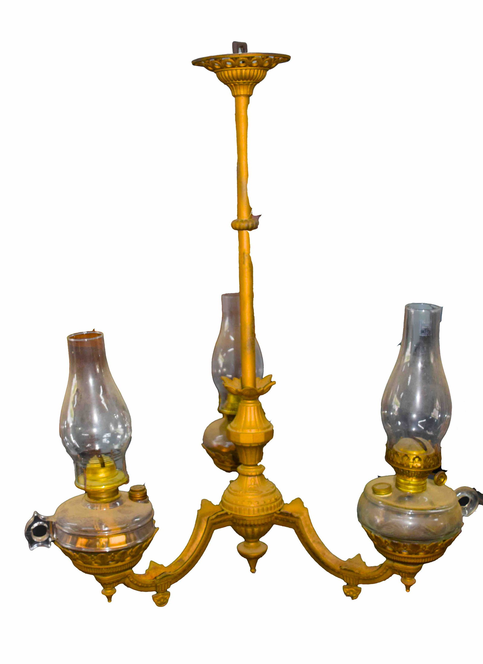Iron Chandelier: Iron Victorian Chandelier, 3 branch with fitted finger lamps complete with chimneys. 32" H x 20" W.