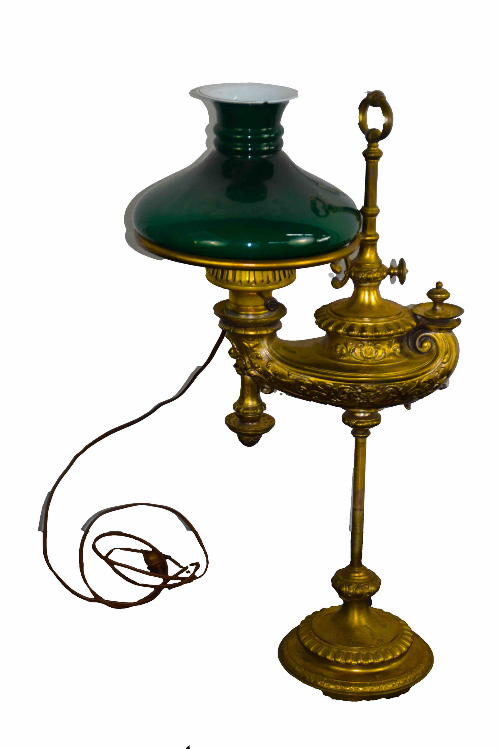 Student Lamp: Aladdin Lamp design single student lamp, with green case glass shade. Keene, NH Estate. 21.5" Height