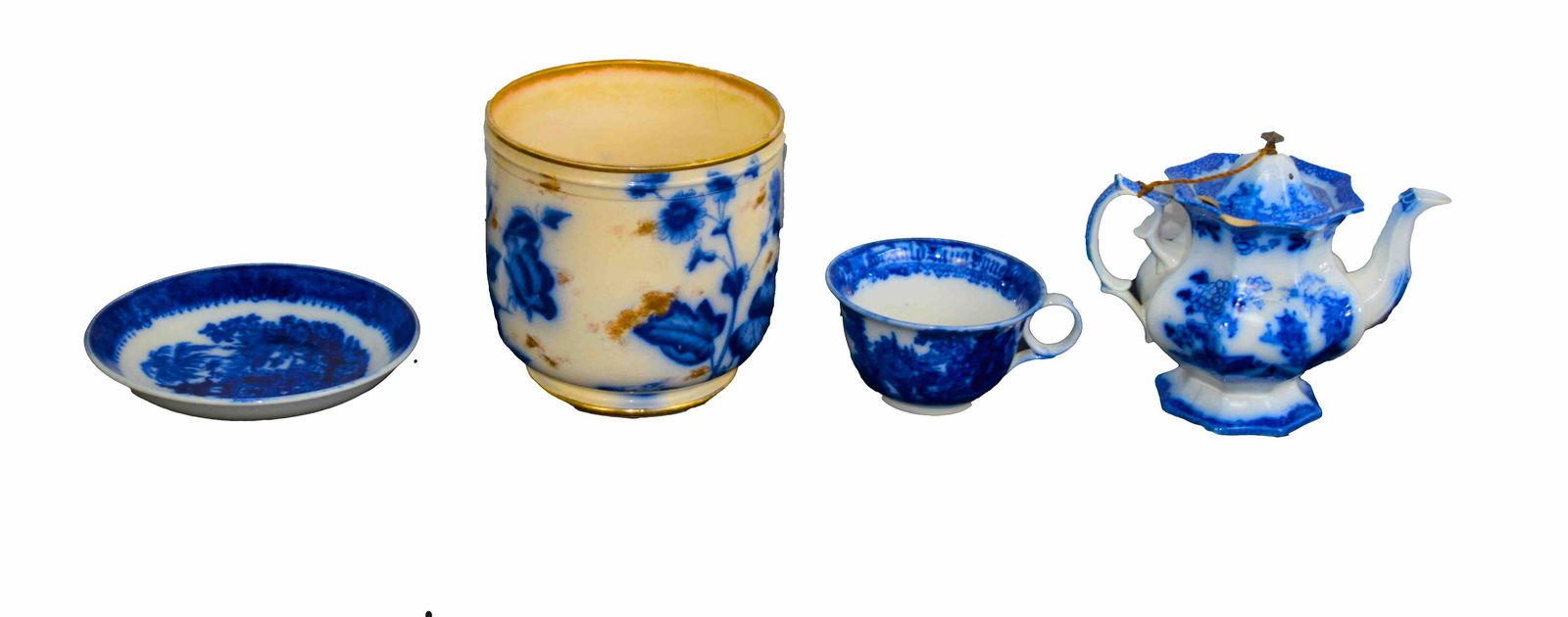 Flo-Blue Lot: 3 piece Flo-Blue lot including cache pot 8"Height, teapot 9"Height, cup and saucer " Auld Lang Syne"
