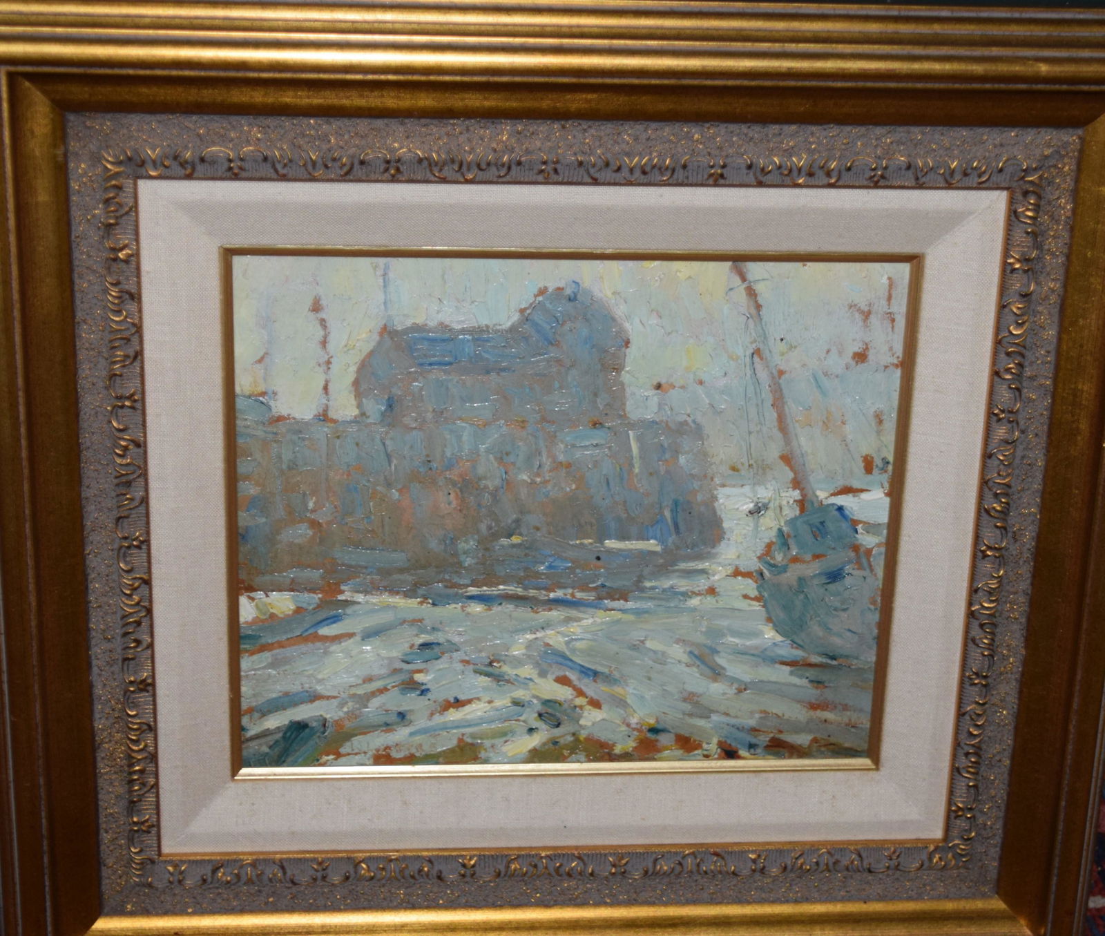 William Lester Stevens Oil Painting: Oil painting of Bailey's Wharf, Motif #1, unsigned. William Lester Stevens (1888 - 1969) was active/lived in Massachusetts and is known for landscapes, marine, genre and still life paintings. Dimensio