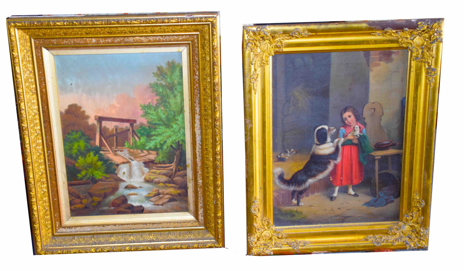 Two Oil paintings: Landscape painting of a dam and stream in an old gilt frame along with a painting of a young girl and dog, unsigned. Dimensions: 14.5" x 10.5" and 15.5" x 11.5"