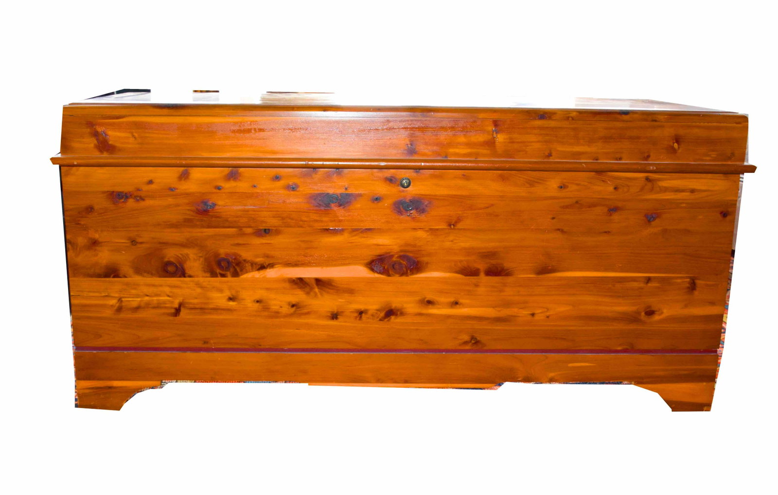 Cedar Blanket Box: Lane cedar blanket box on cut-out base with label. Dimensions: 22" Height x 46" Length x 18.5" Depth