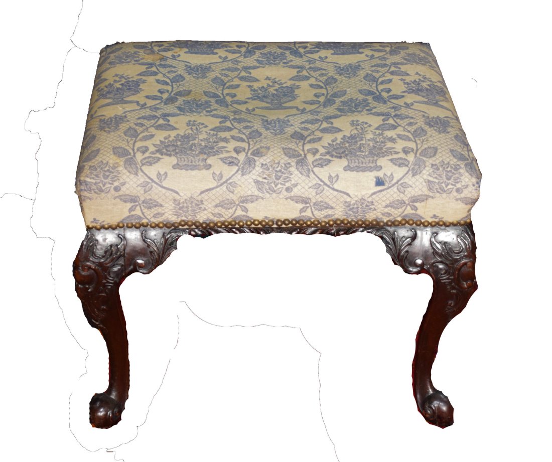 English Mahogany Footstool: Period English mahogany footstool with carved knees and cabriole legs, upholstered. Frost Estate. Dimensions: 17" height x 22" length x 18" Width