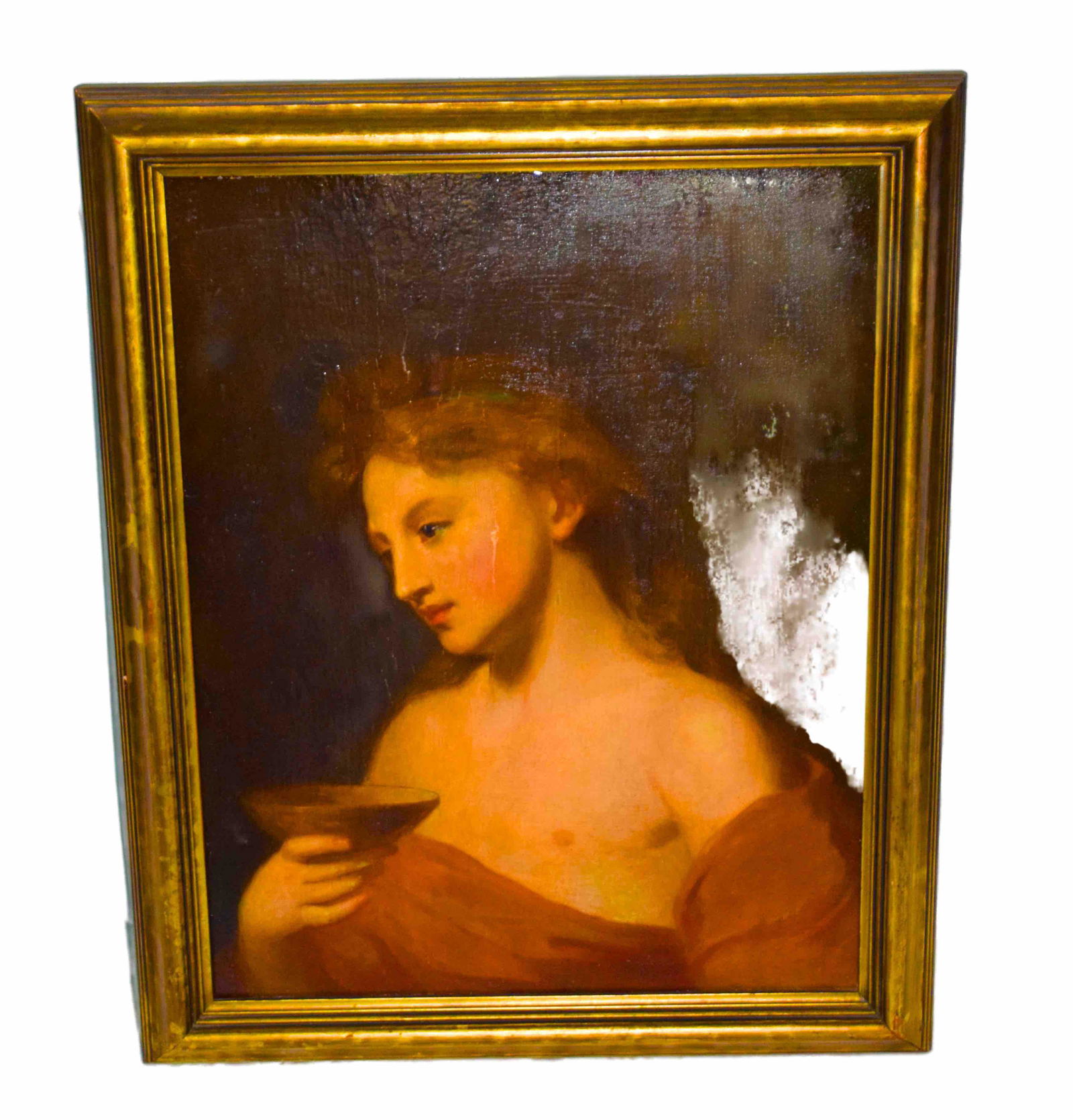 "Sully" Portraint Painting: 19th Century portrait painting of a woman on board with illegible inscriptions on the reverse on a chamfered board, gilt frame. Attributed to Thomas Sully. Provenance-Boston Trust Estate. Dimensions: