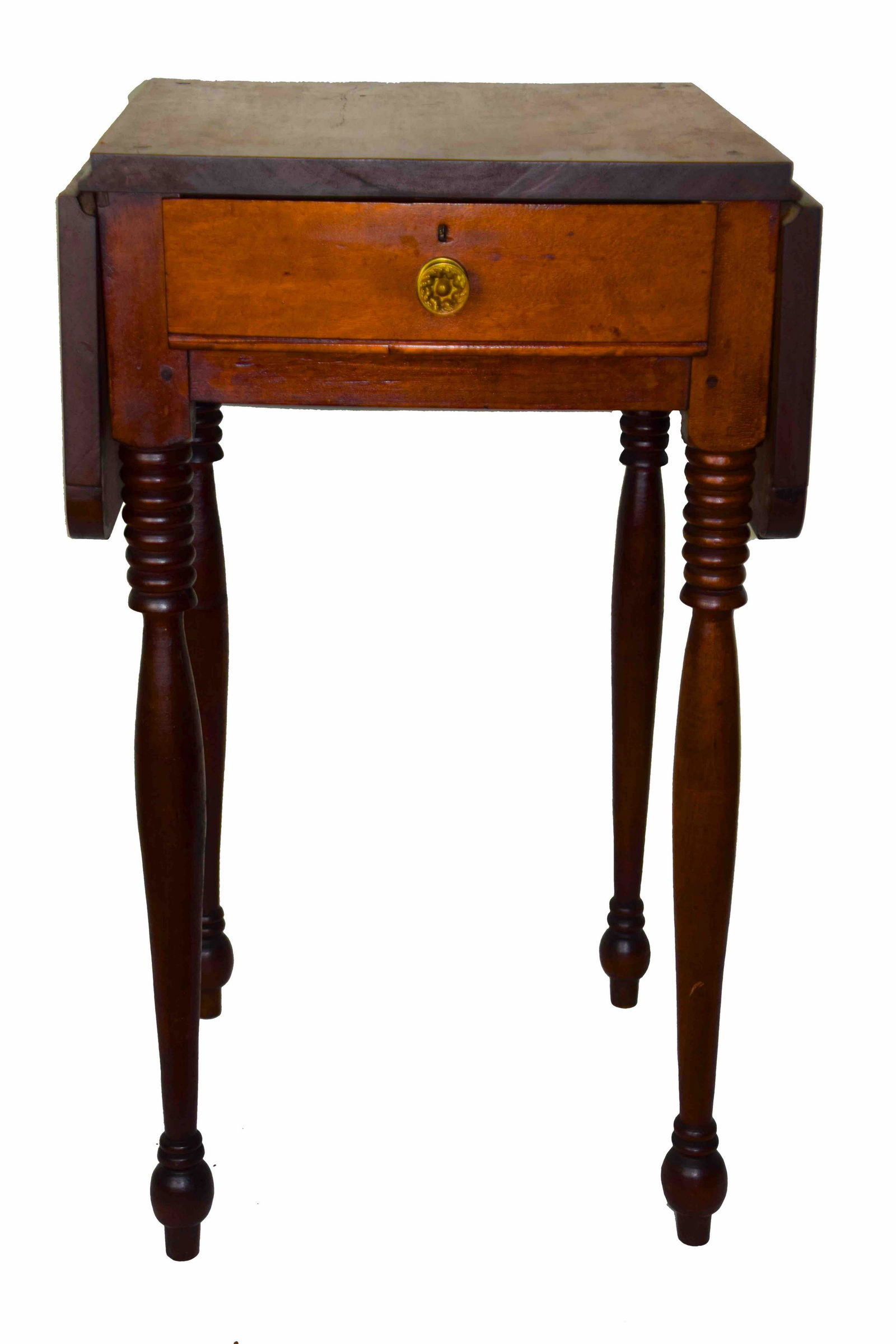 Dunlap Night Stand: 19th Century, second generation Dunlap night stand with drawer, drop leaves on turned legs, in maple. Dimensions: 27.5" Height x 15.5" Depth x 15" Width and 30.5" with leaves extended.