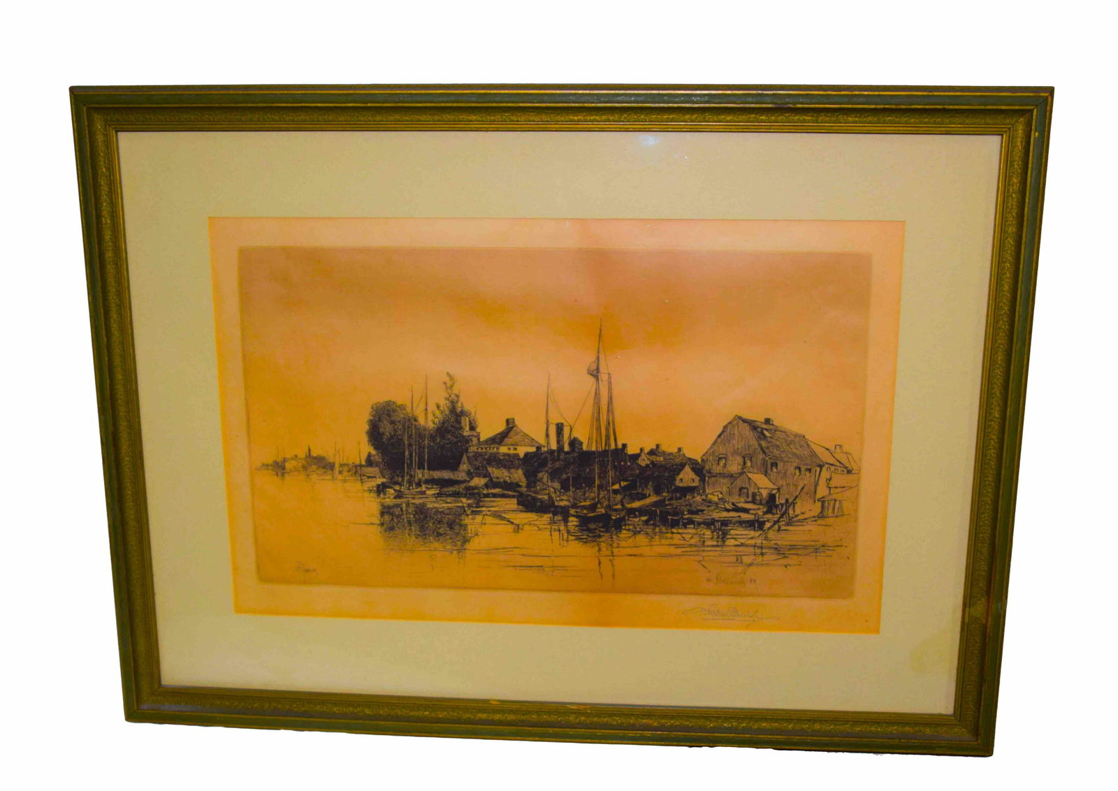 Stephen Parrish Etching: Stephen Parrish etching labeled "46 Portsmouth NH" and signed Stepen Parrish on image and margin. Frost Estate. Dimensions: 9" x 15"