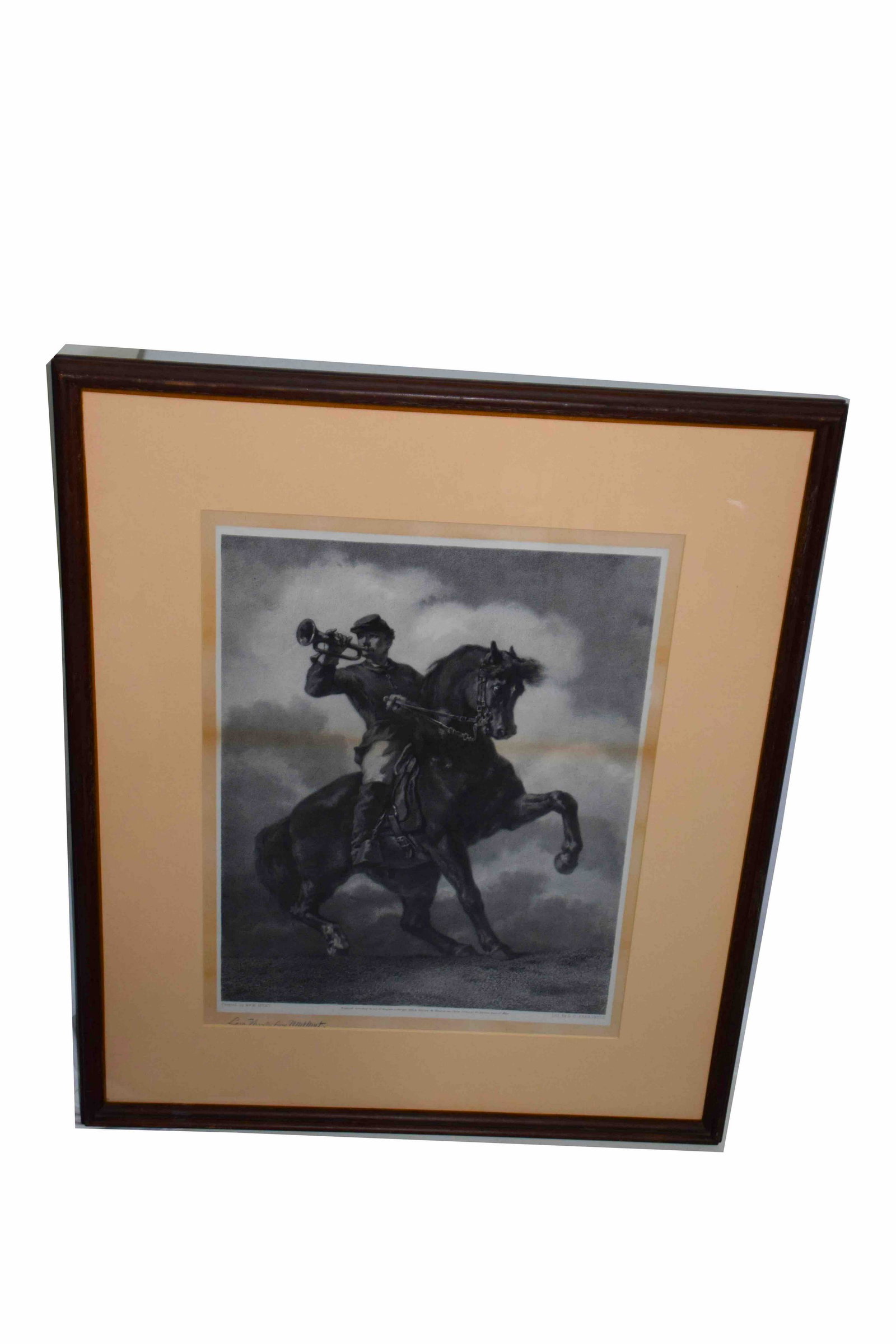 W.M. Hunt: Lithograph of a cavalry soldier with a bugle on a horse from a painting by William Moris Hunt; lithograph by D. C. Fabronius. The picture is signed by Hunt to Levi Thaxter. Frost Estate. Dimensions: 2