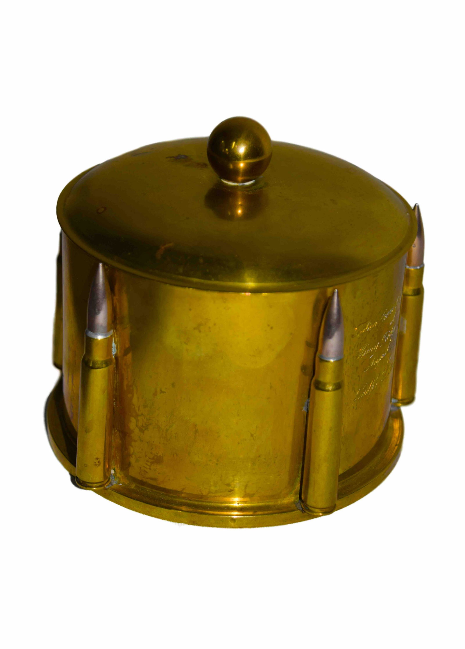 WWI Trench Art: Brass box made from an artillery round casing surrounded by rifle cartridges. Taken from the battle of Vimy Ridge in August 1919 by Ralph Bartlett (message engraved on casing). The Battle of Vimy Ridg