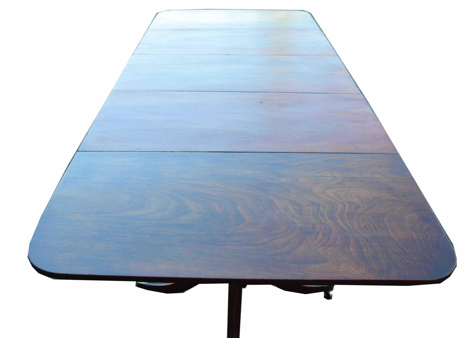 19th Century Banquet Table: Three part mahogany 19th century banquet/conference table on a Duncan Phyfe base, Frost Estate. Dimensions: 9'9" Overall Length x 4' Length x 28" Height.