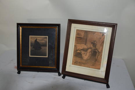 W. M. Hunt Drawings: Two charcoal drawings by W. M Hunt a boat (15" x 13.5") and a drawing of a man playing the violin (17" x 14"). Information on back. William Morris Hunt (1824 - 1879) was active/lived in Massachusetts,