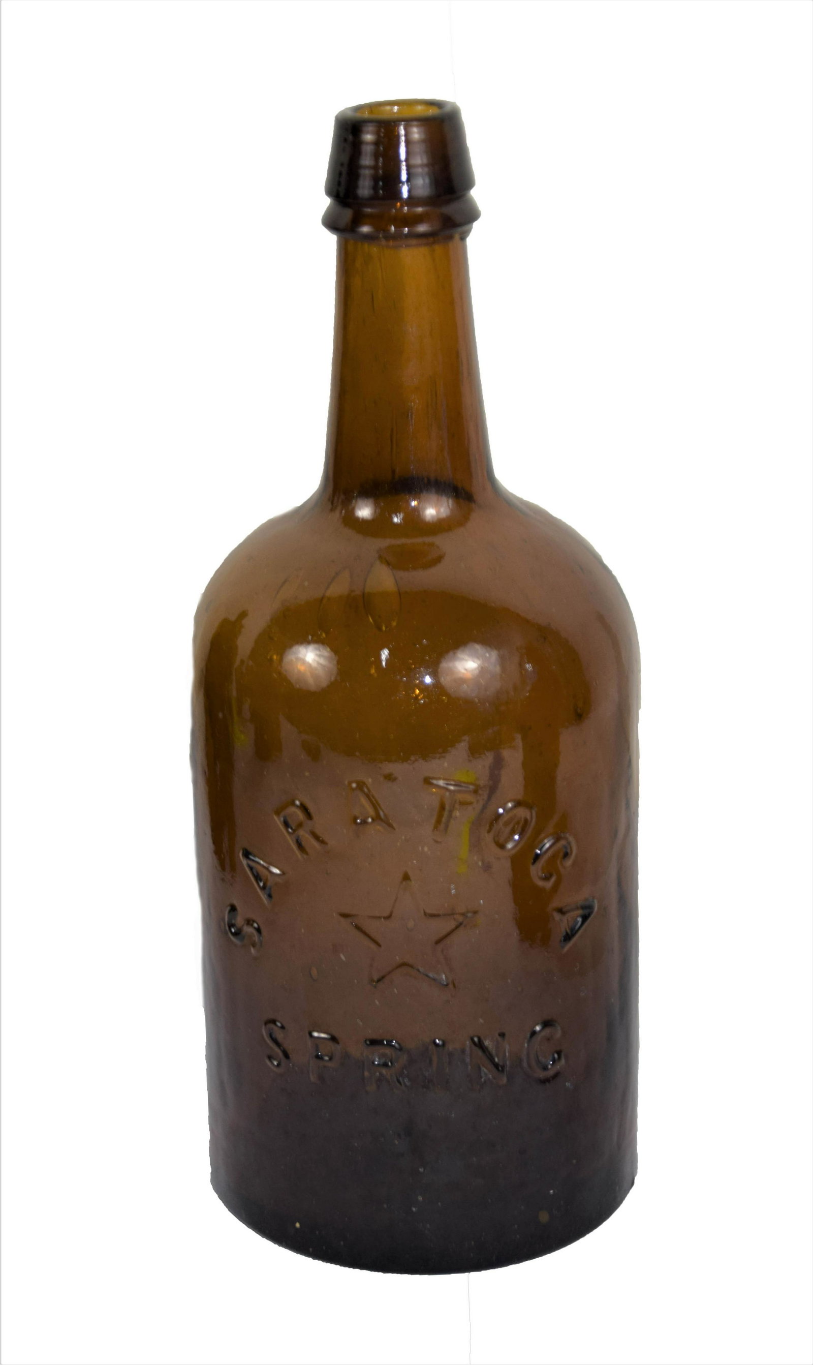 Saratoga Springs Bottle: Saratoga Springs Stoddard bottle, amber color. Hillsboro NH Estate. Dimensions: 9 7/8" Height