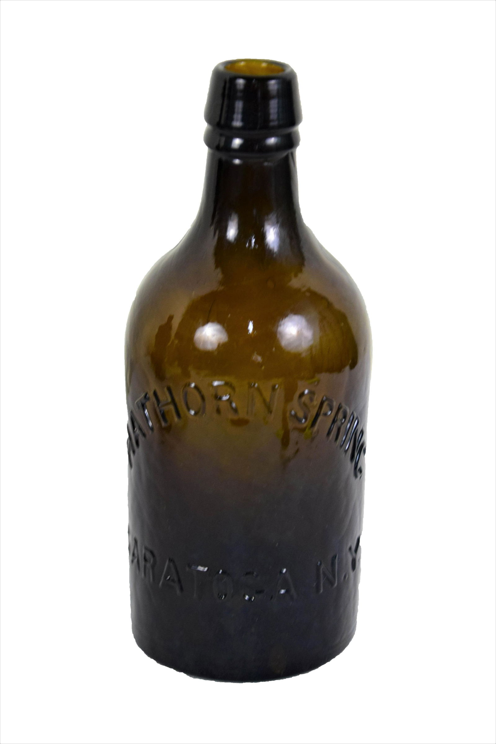 Small Hawthorn Springs Bottle: Small and somewhat rare Hawthorn Springs Stoddard bottle, Saratoga, NY. Hillsboro NH Estate. Dimensions:7 7/8" Height
