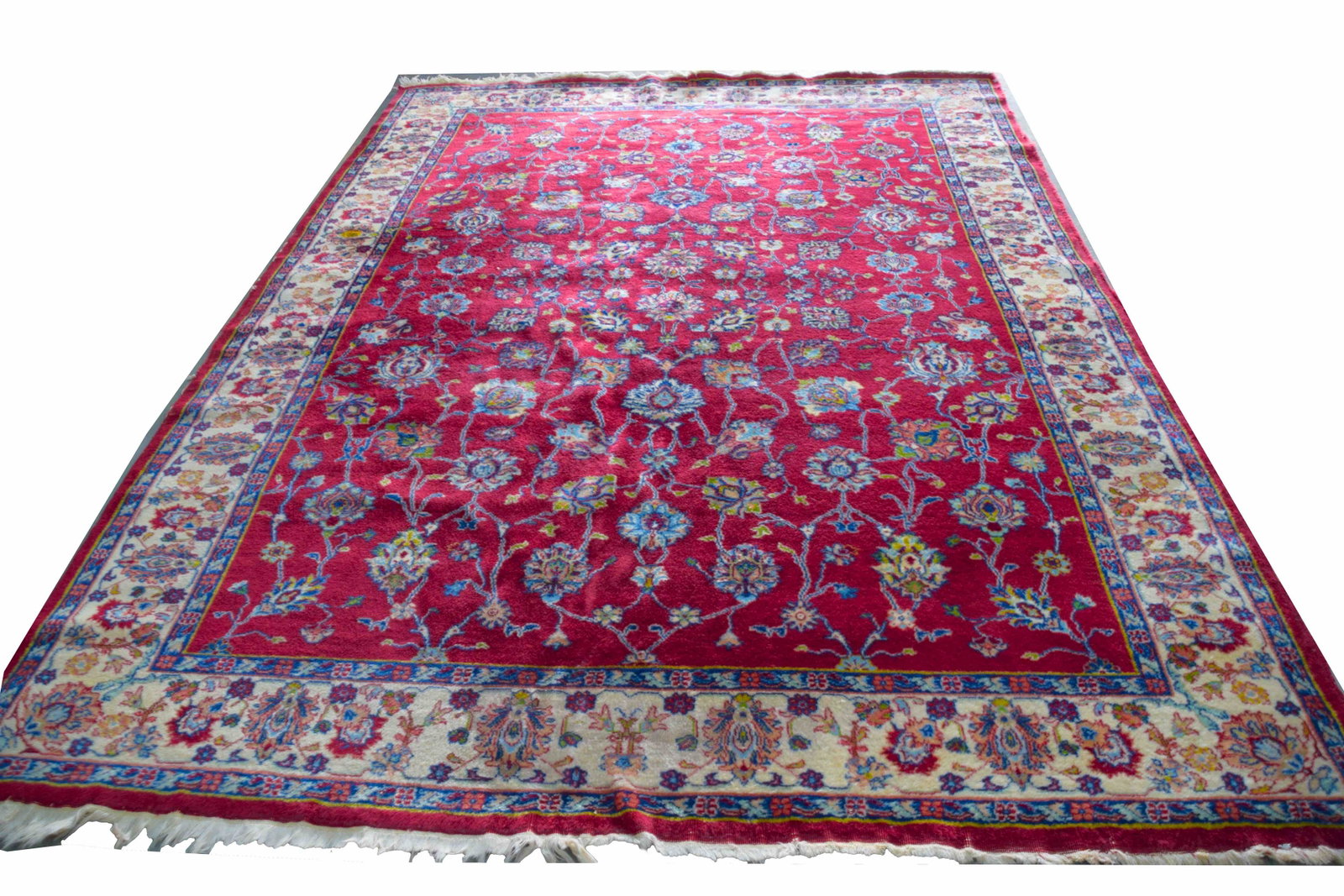 Room Size Oriental: Room Size oriental rug with maroon background and ivory border with multiple designs. Dimensions: 10" 8" x 7' 8"