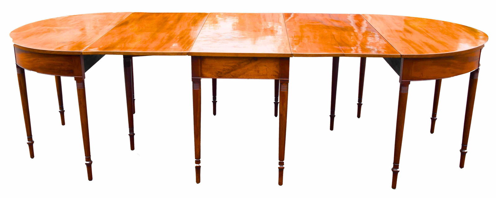 New York Conference/Dinning Table: 1880s New York conference/dinning table with demilune ends with center drop leaf table with all the connector clips for attachment. Mahogany with turned legs. Dimensions: Center table 30" Height, 48"