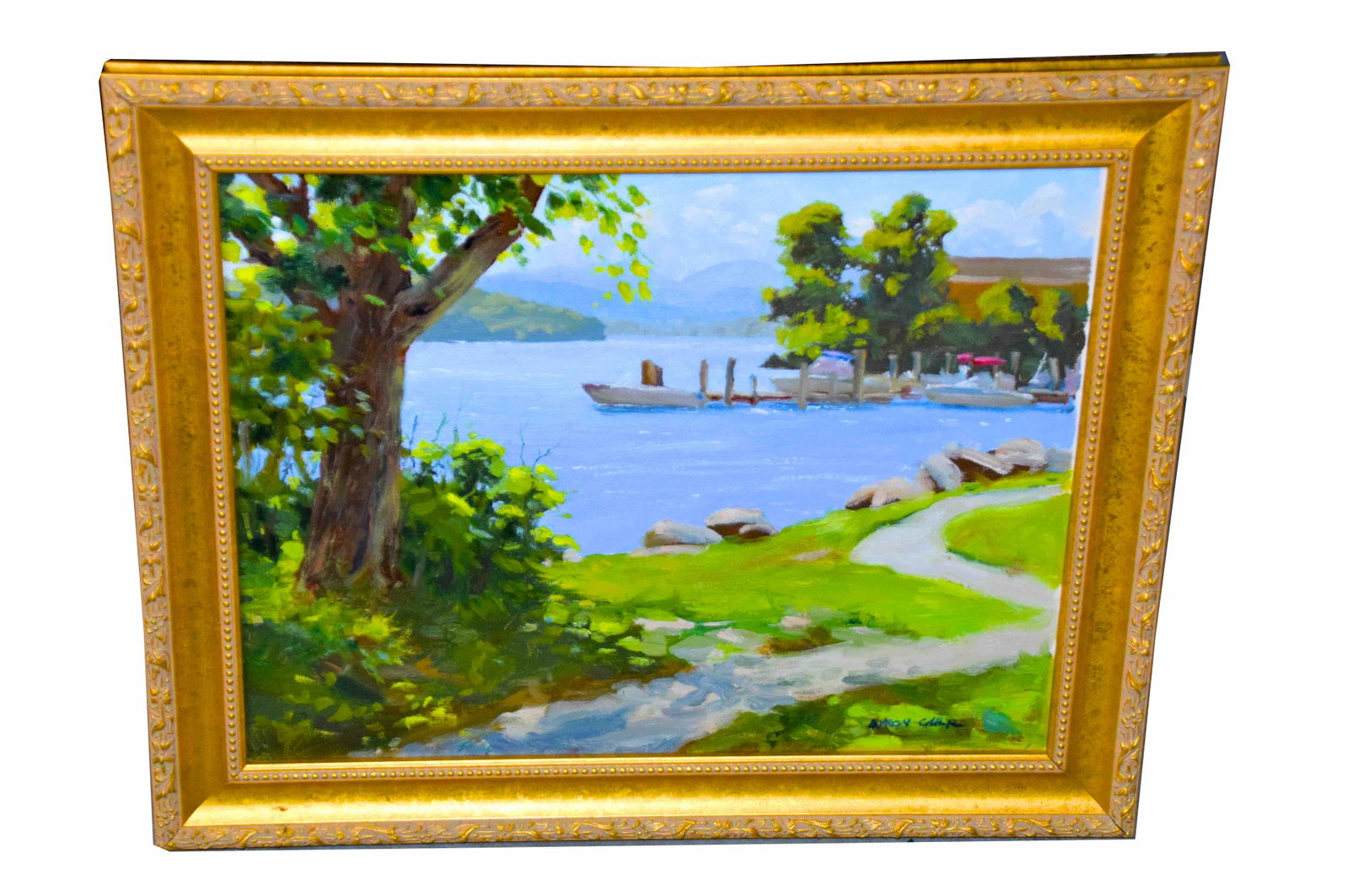 Landscape Meredith Bay NH: Landscape oil on canvas of Meredith Bay by NH listed artist Byron Carr. Dimensions: 18" x 21.5