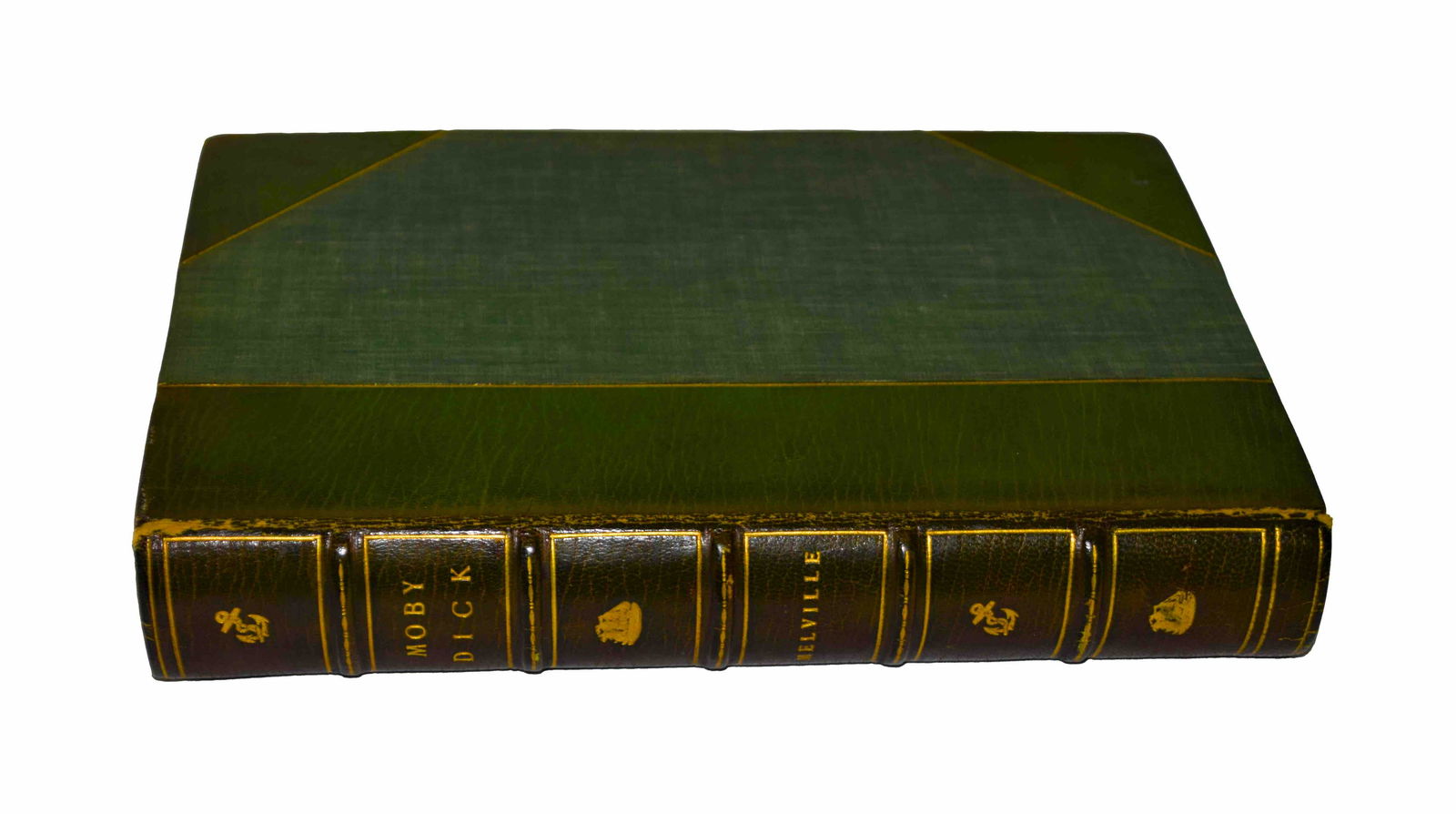 Moby Dick: Leather bound, Green of Moby Dick by Herman Melville, illustrated by Boardman Robinson. Heritage Press, New York, NY, 1943. Black and white illustrations, Brown leather over green , gilt decorations a