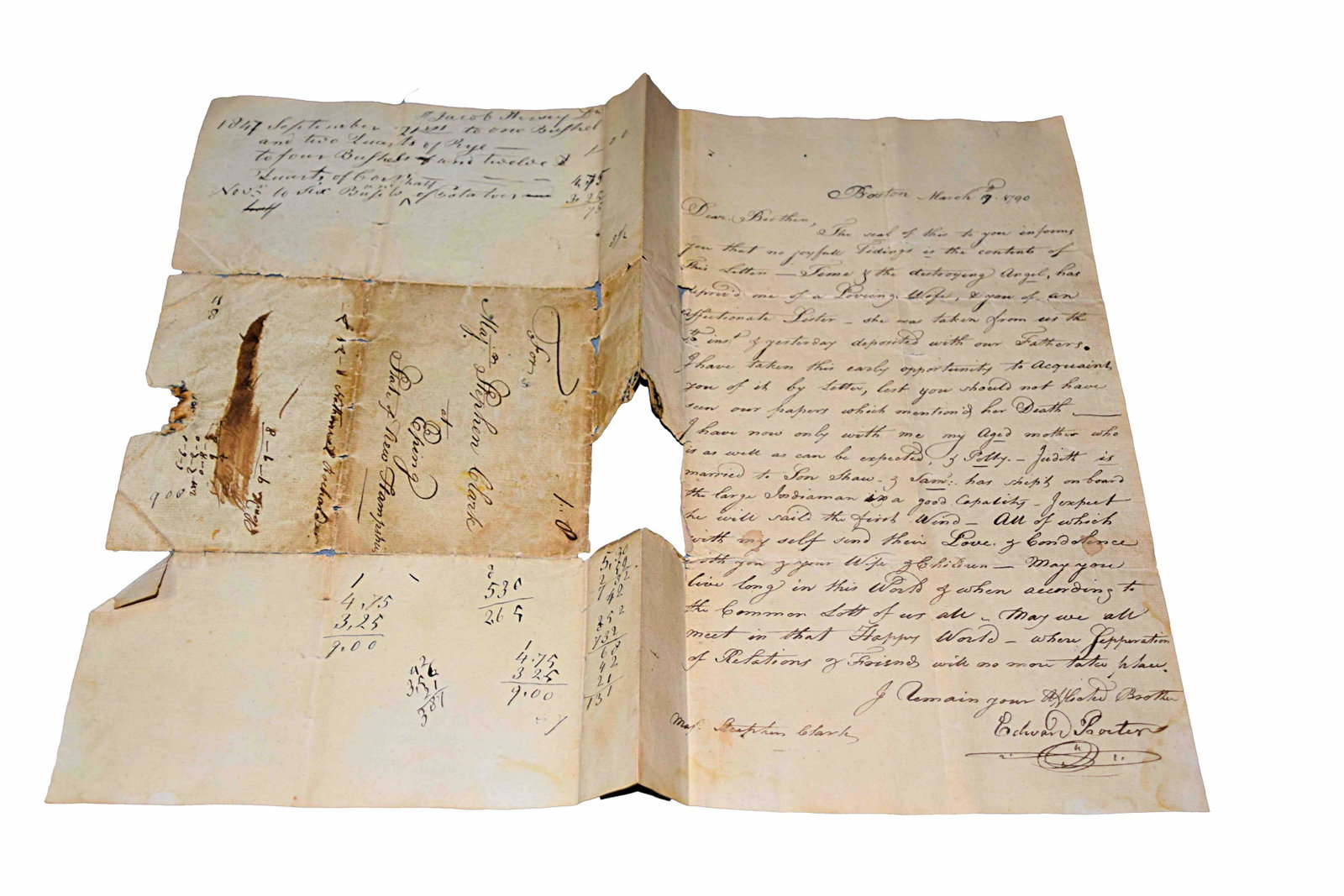 Major Stephen Clark, Epping NH: 1790 letter informing Major Stephen Clark of the death of his sister. Major Stephen R Clark was born in December 1724, in Kittery, married Sarah Barton in 1754. They were the parents of at least 6 son