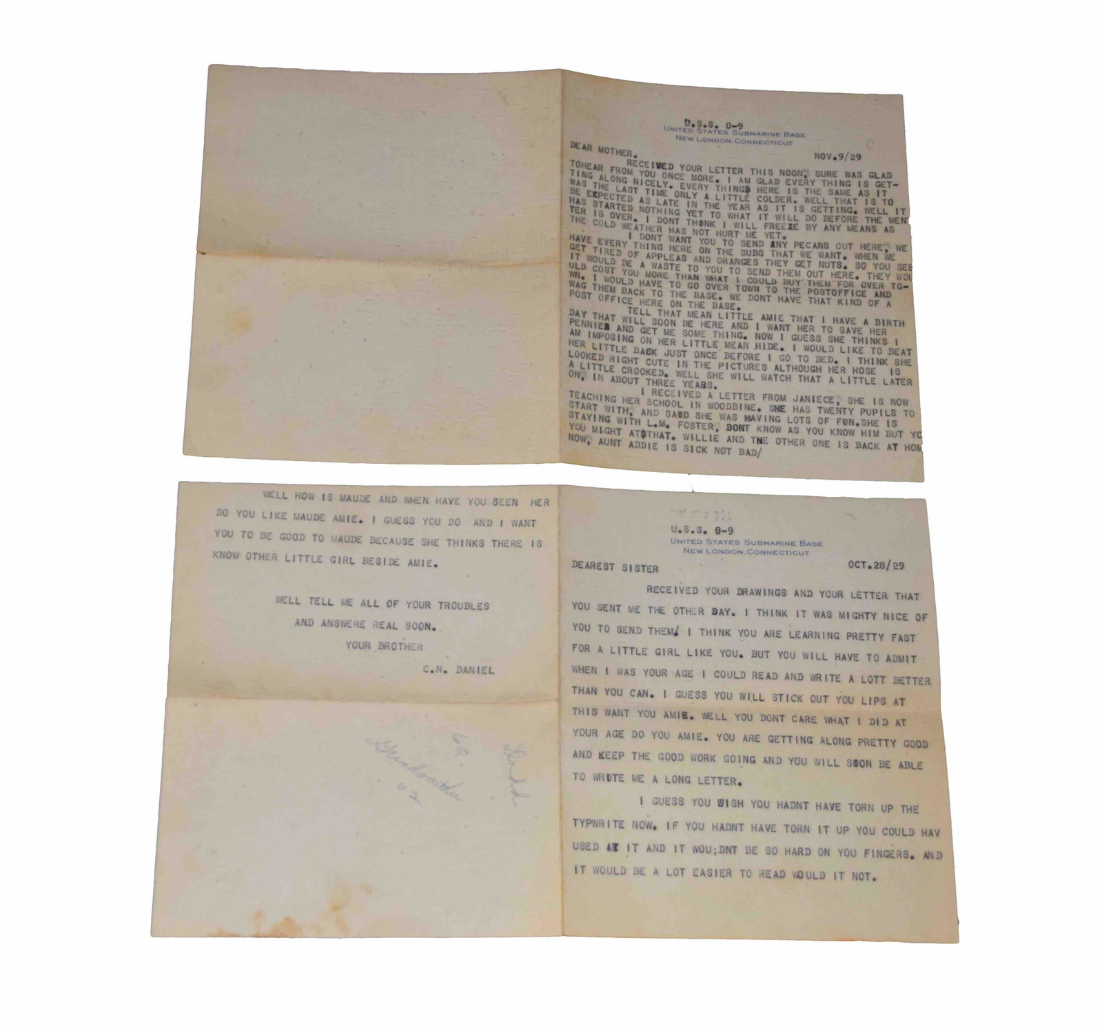 Letters from Submariner: Two letters from a submariner (sub USS-09) after WW1. During the final months of World War I, O-9 operated on coastal patrol and protected the Atlantic coast from U-boats. She departed Newport, R