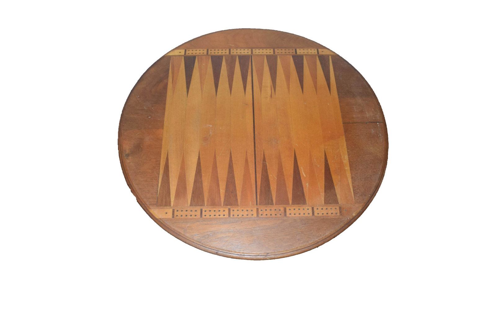 Game Board: Turn of the century board game of chess and backgammon. Dunlap Estate. Dimensions: 17" Diameter.