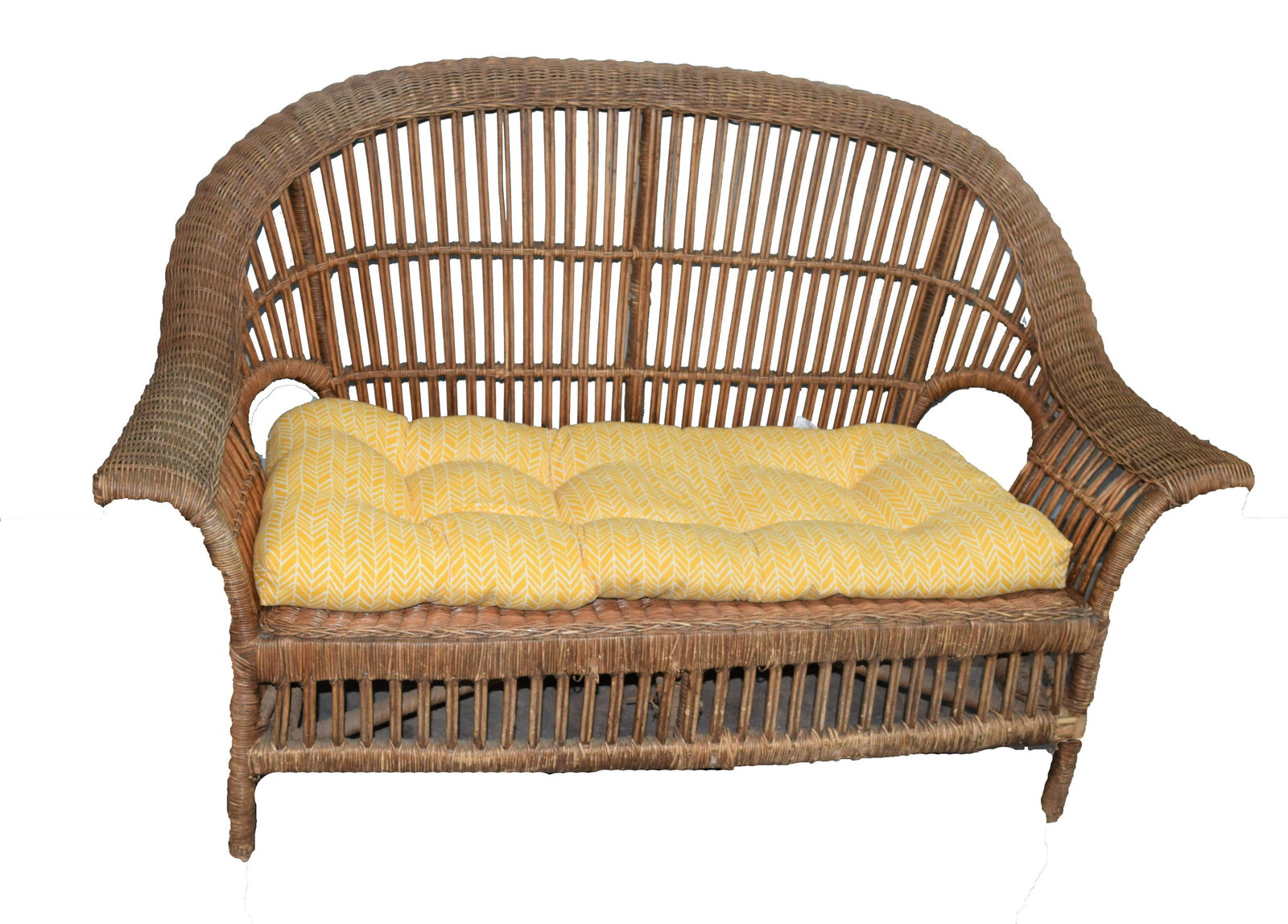 Wicker Settee: Nice wicker settee. Dimensions: 38" Height x 60" Width x 27" Depth